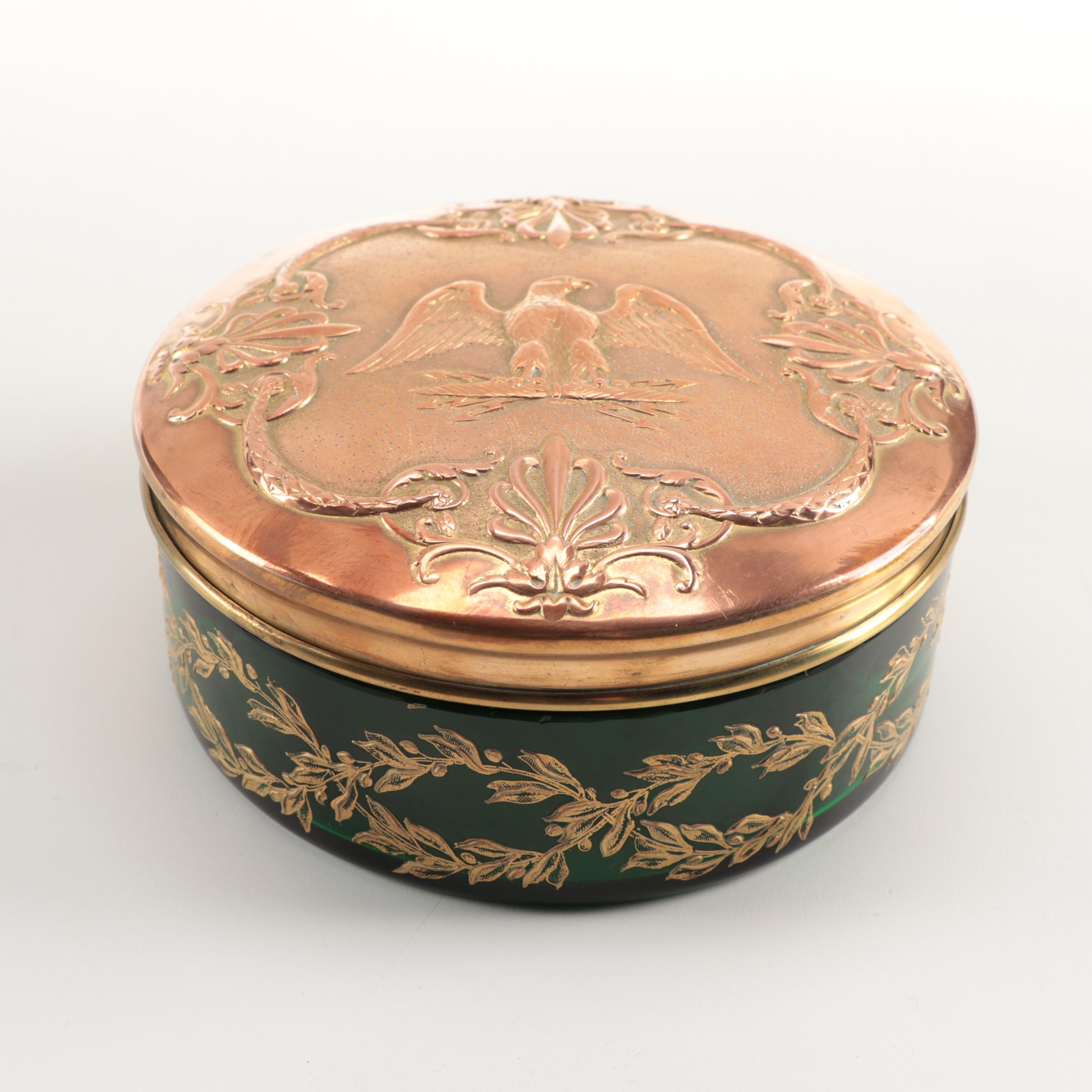 Art Deco Cloisonné Desk Clock with Vanity Box and Gemstone Globe