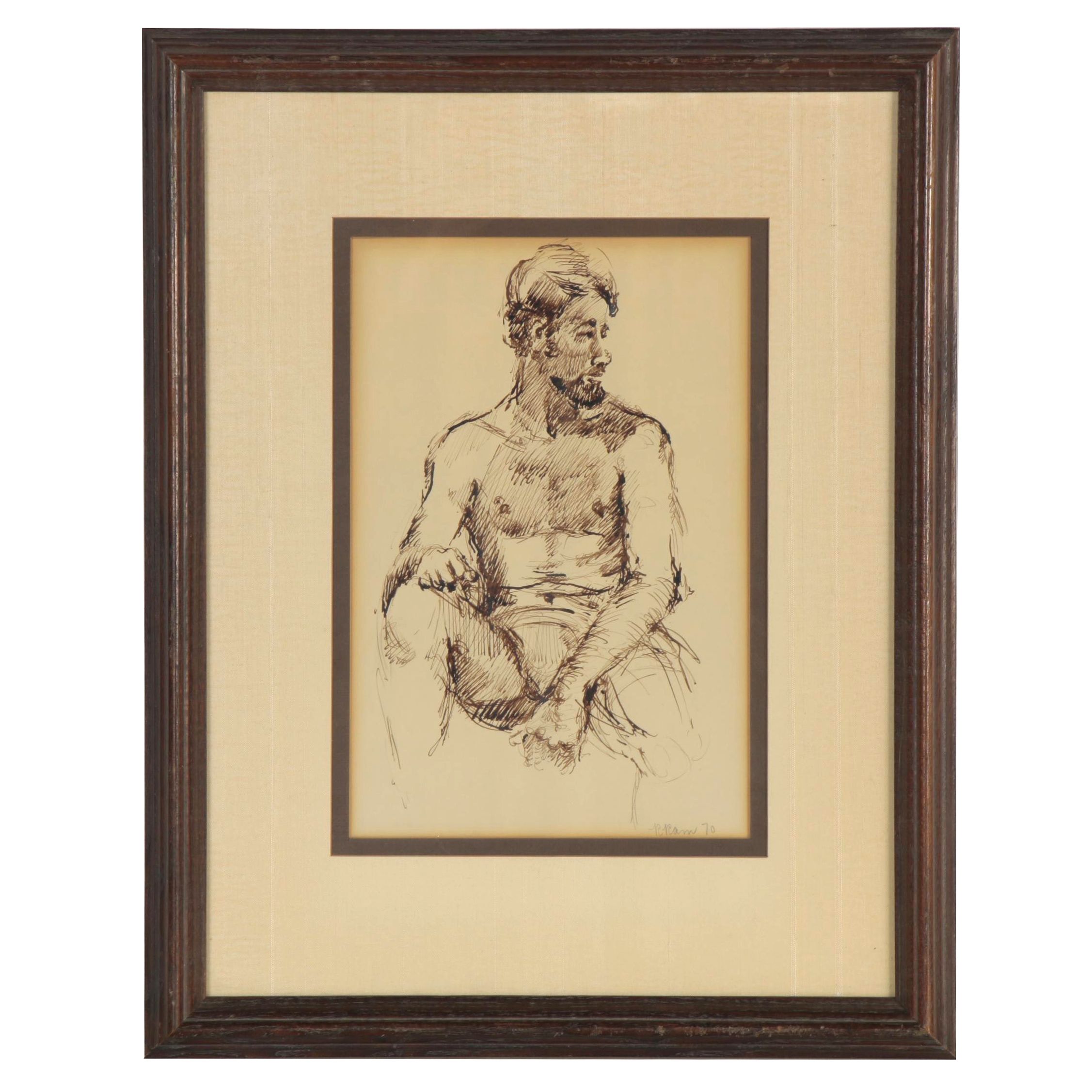 Russell Ram Ink Drawing Study of a Seated Figure, 1970