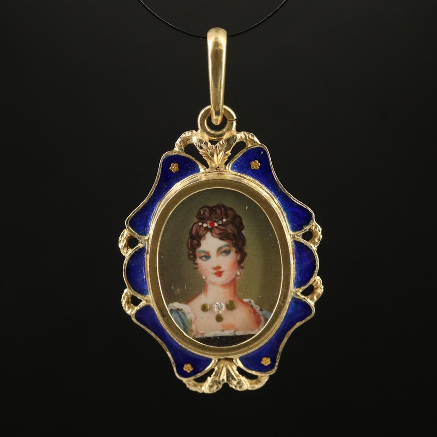 Vintage 14K Diamond and Enamel Portrait Pendant