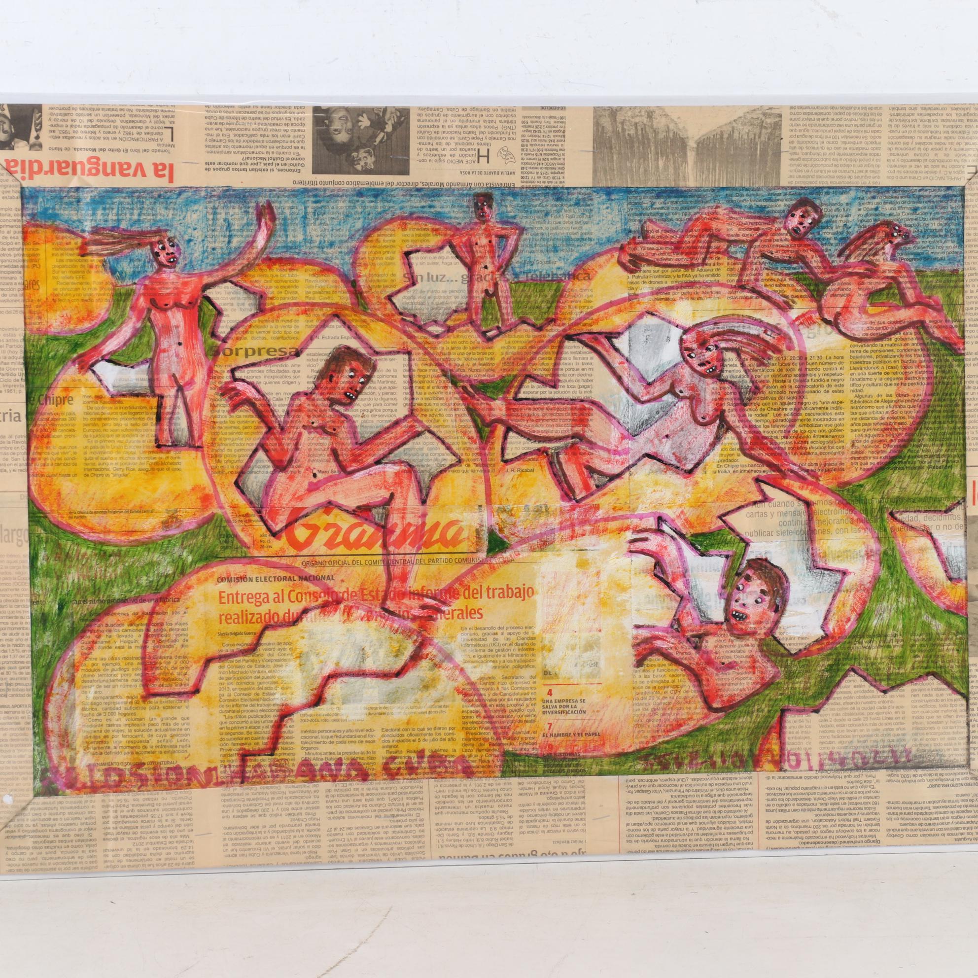 Cuban Mixed Media Drawing on Newspaper of People Hatching from Eggs