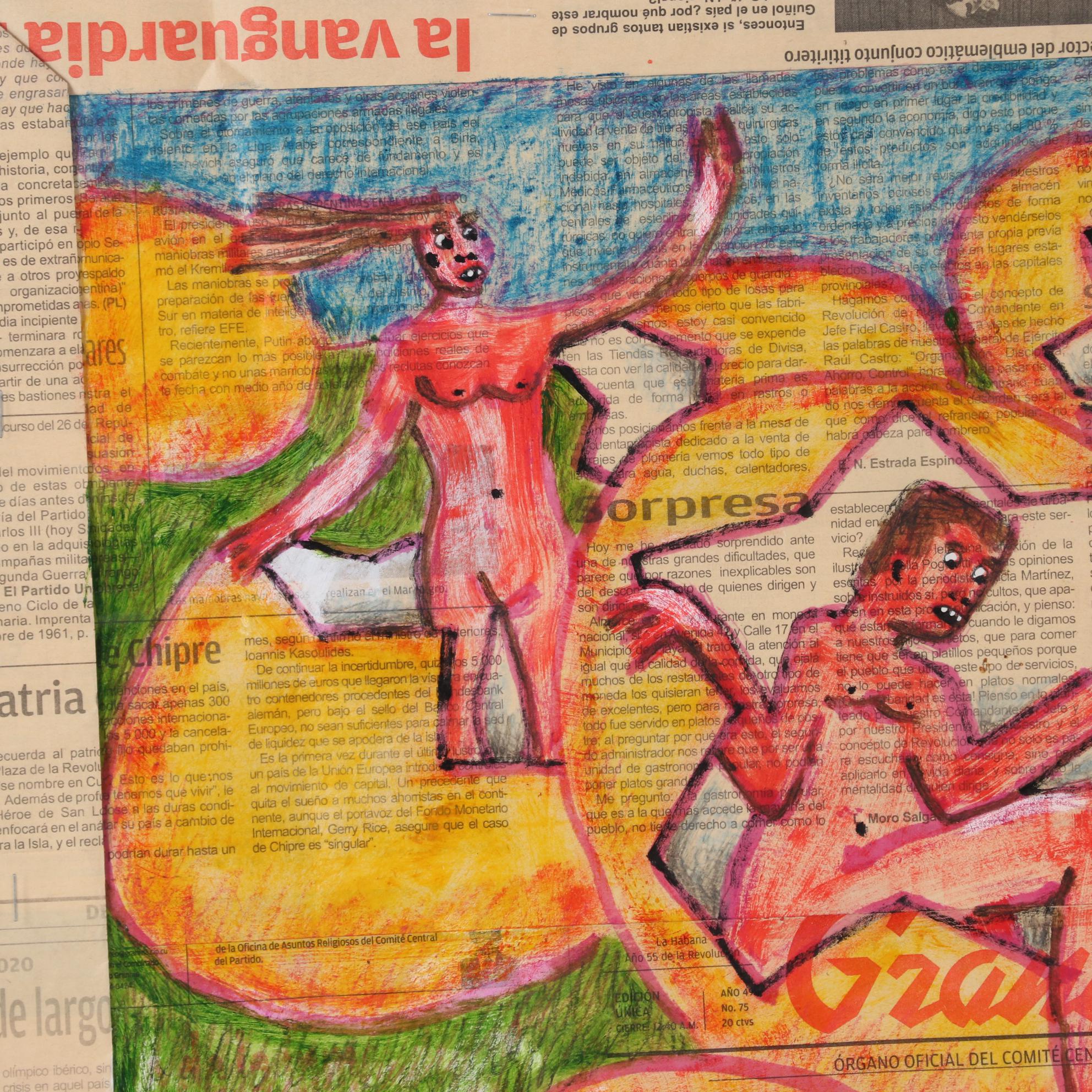 Cuban Mixed Media Drawing on Newspaper of People Hatching from Eggs