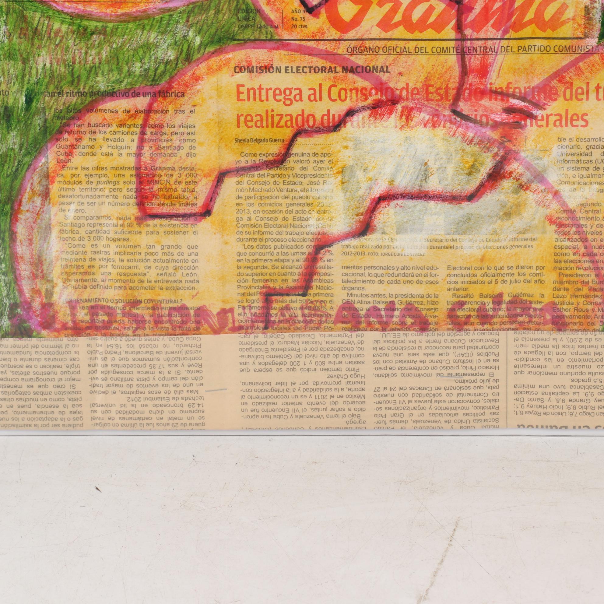Cuban Mixed Media Drawing on Newspaper of People Hatching from Eggs