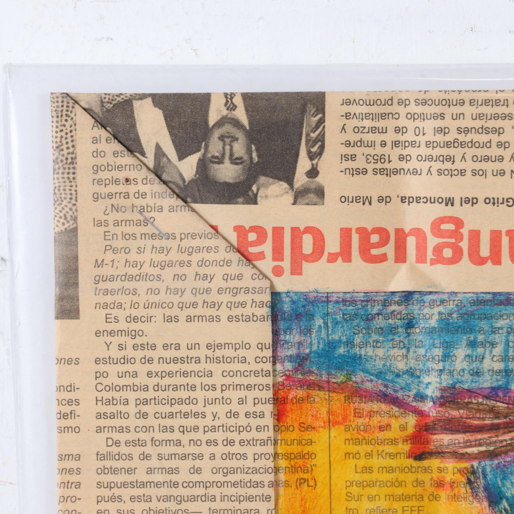Cuban Mixed Media Drawing on Newspaper of People Hatching from Eggs