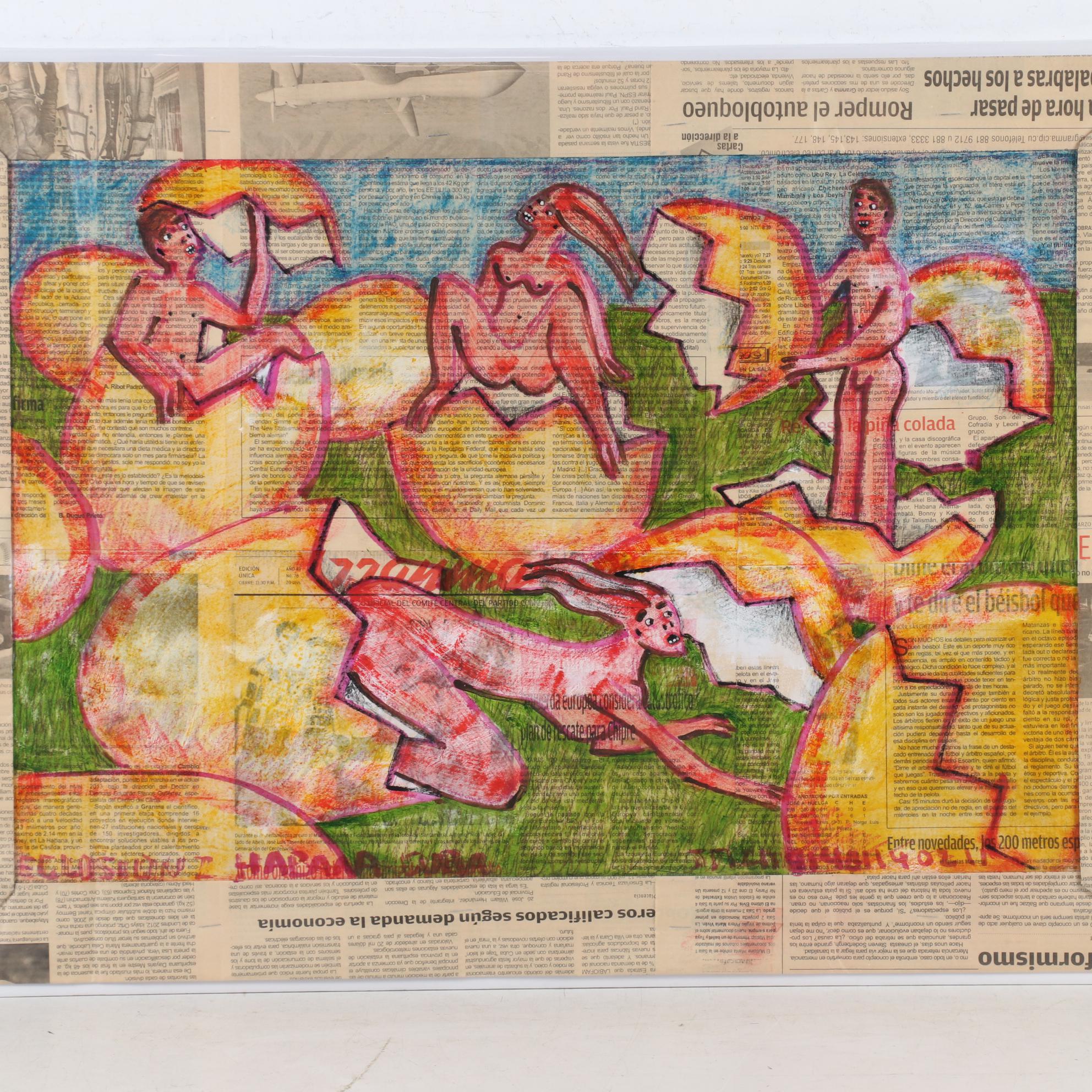 Cuban Mixed Media Drawing on Newspaper of People Hatching from Eggs