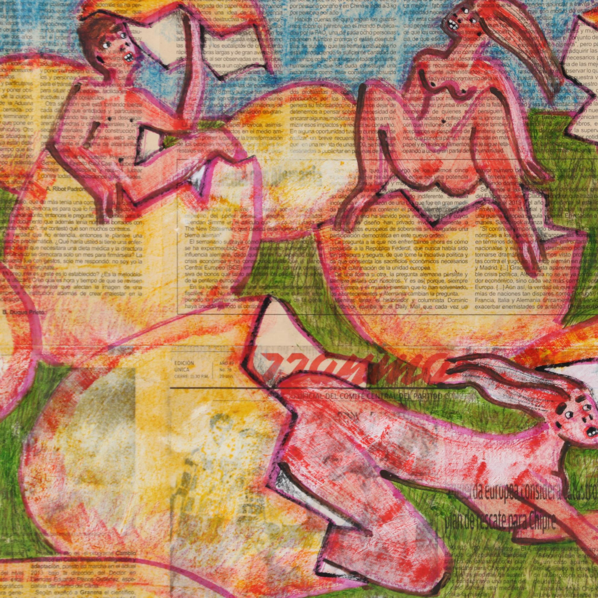 Cuban Mixed Media Drawing on Newspaper of People Hatching from Eggs