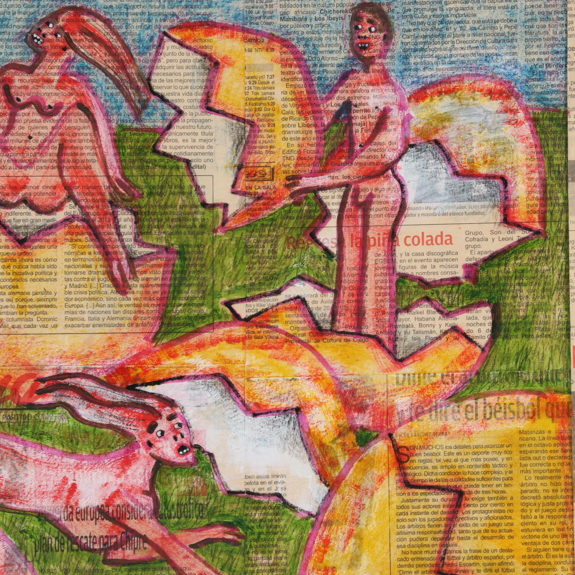 Cuban Mixed Media Drawing on Newspaper of People Hatching from Eggs