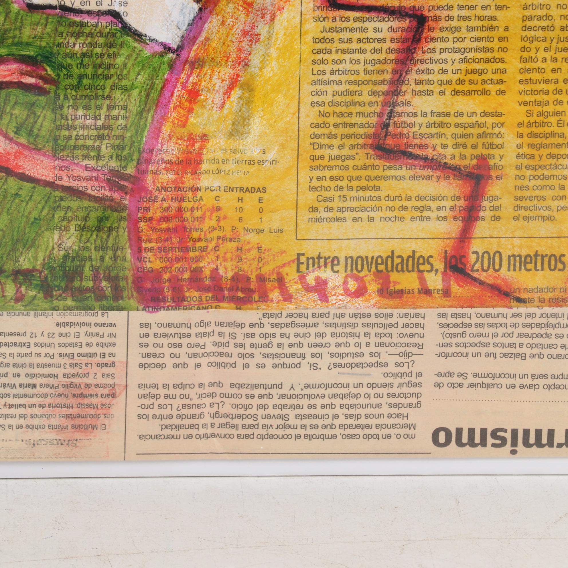 Cuban Mixed Media Drawing on Newspaper of People Hatching from Eggs