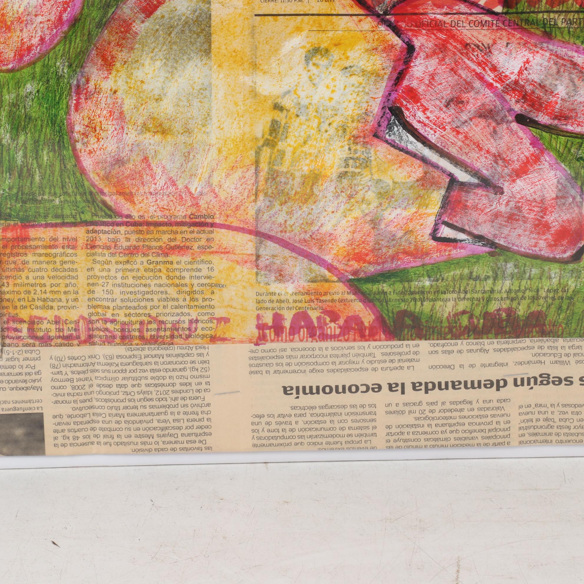 Cuban Mixed Media Drawing on Newspaper of People Hatching from Eggs