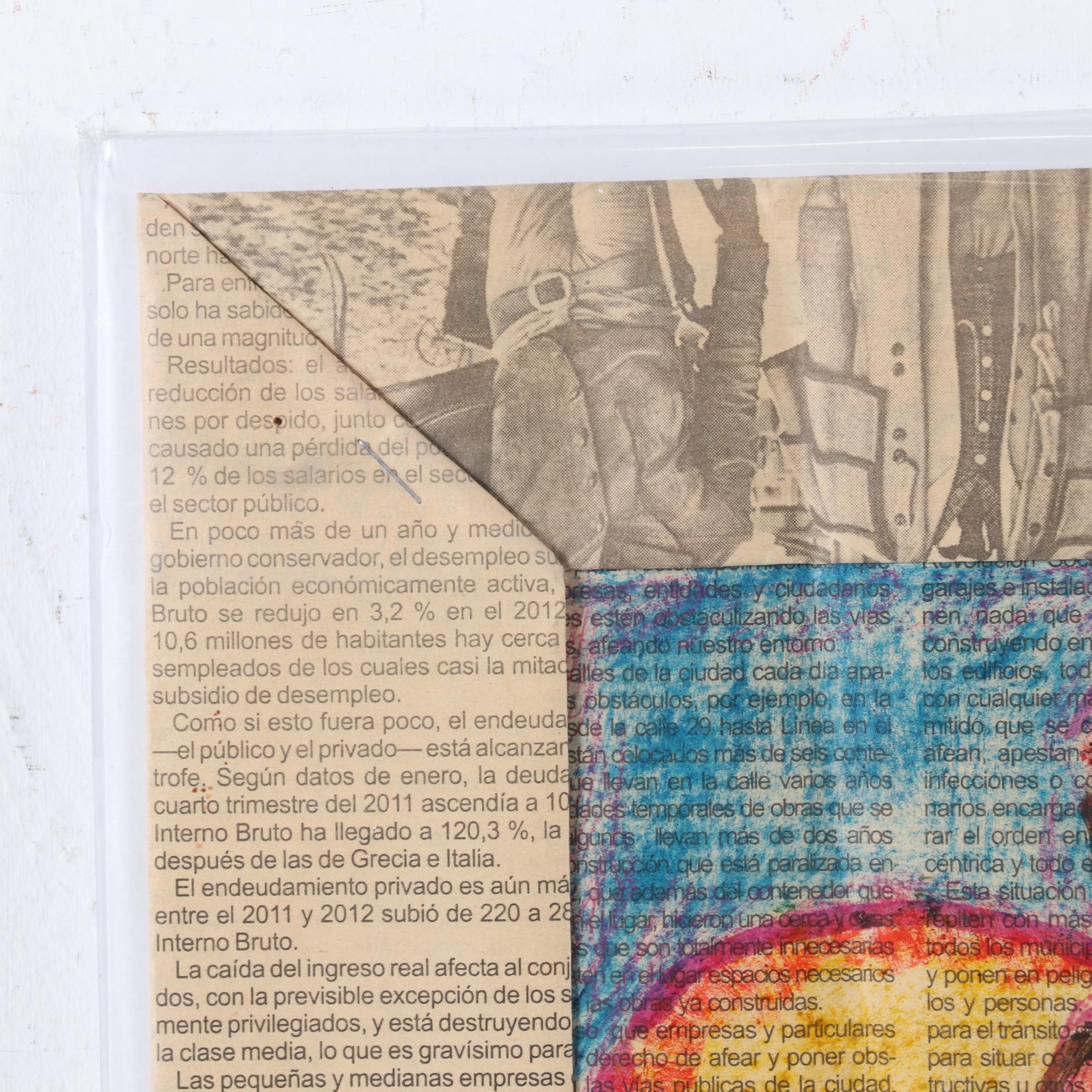 Cuban Mixed Media Drawing on Newspaper of People Hatching from Eggs