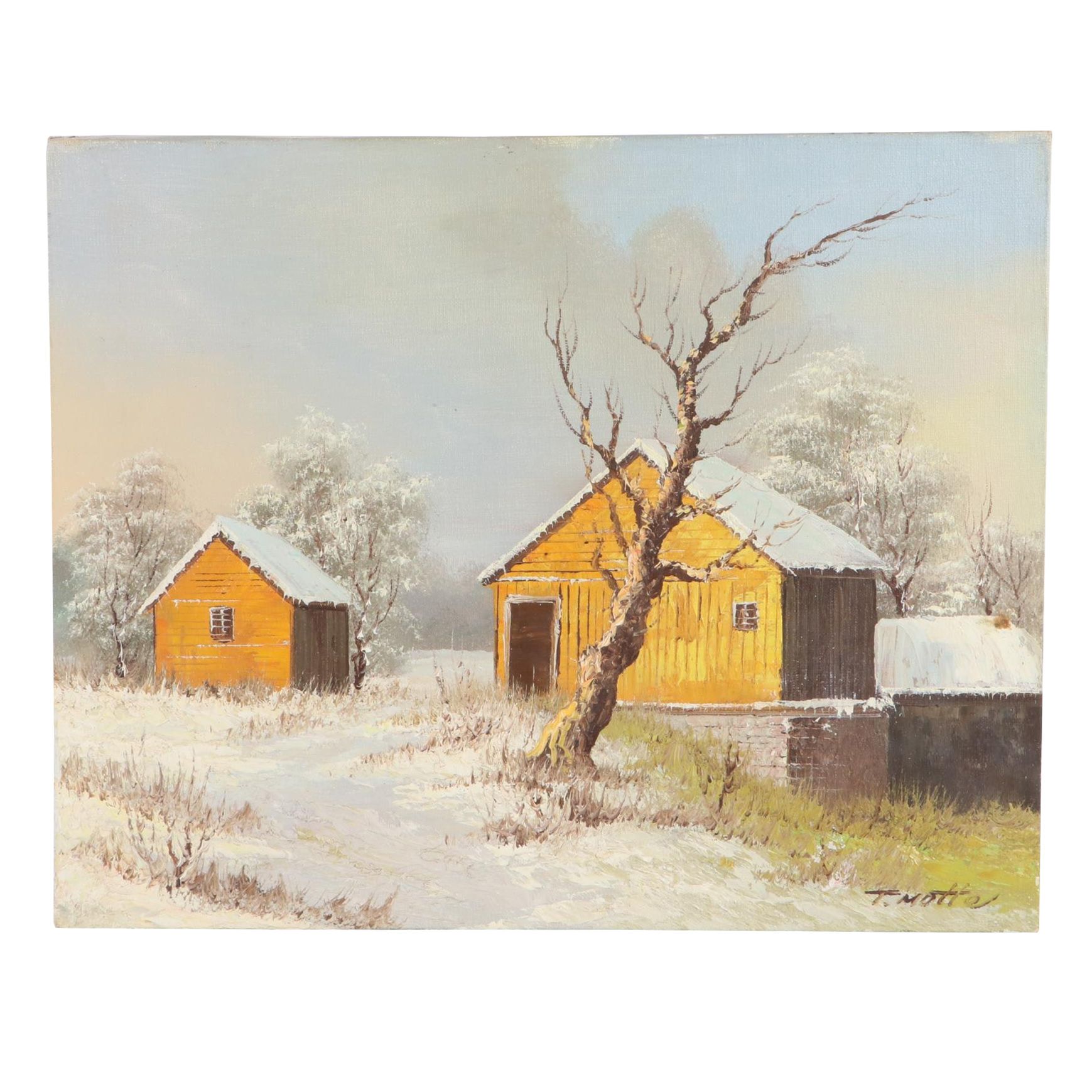 T. Motte Winter Landscape Oil Painting with Cabins, Late 20th Century