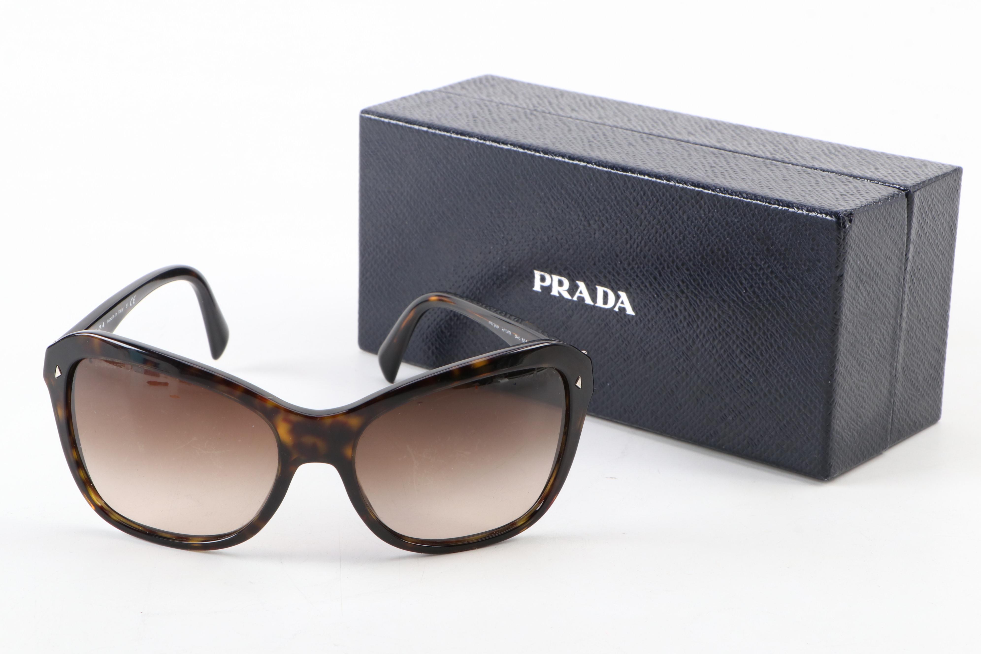 Prada SPR 24N Brown Havana Modified Cat Eye Sunglasses with Box