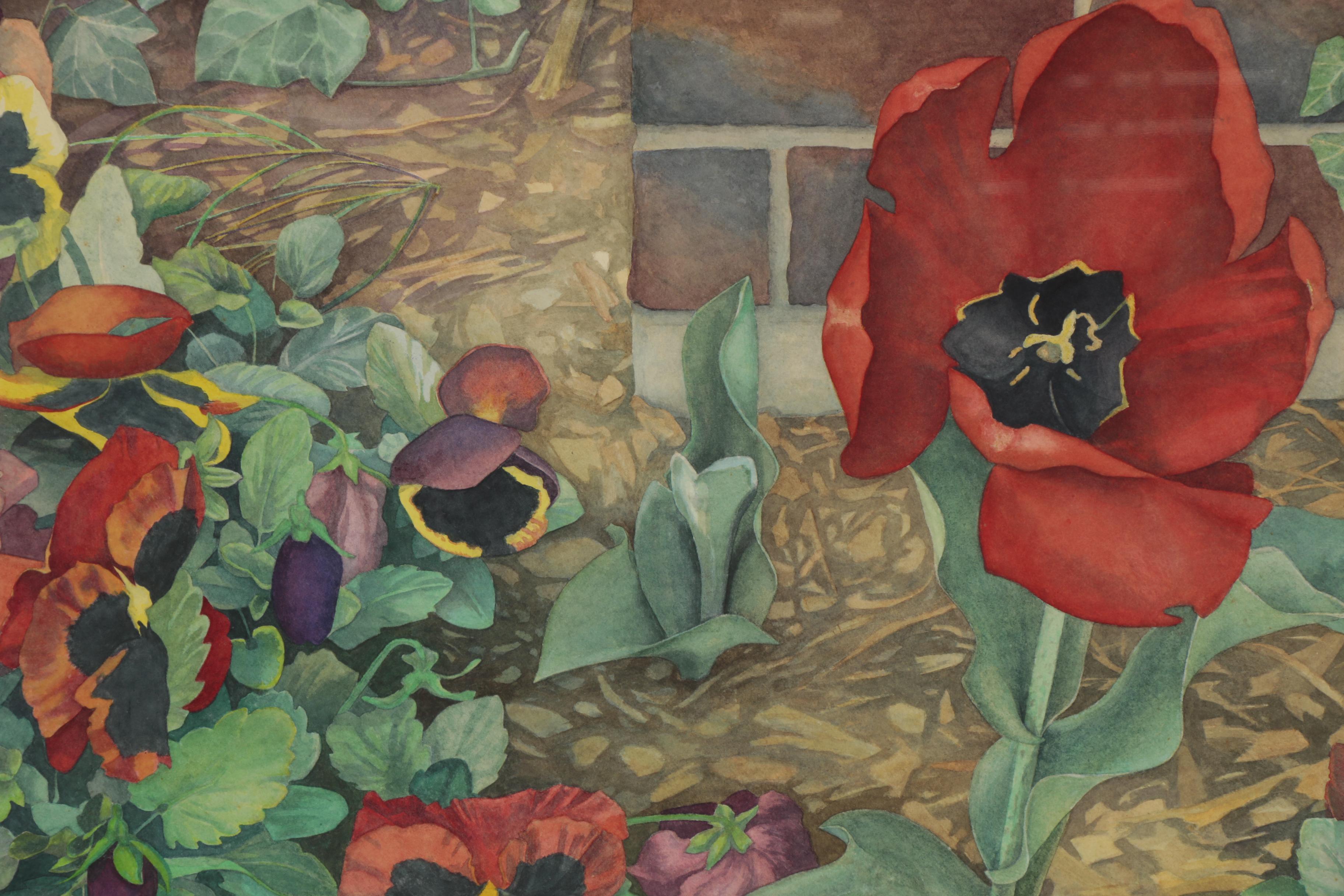 Pamela Bishop Watercolor Painting of Tulips and Pansies, 1985