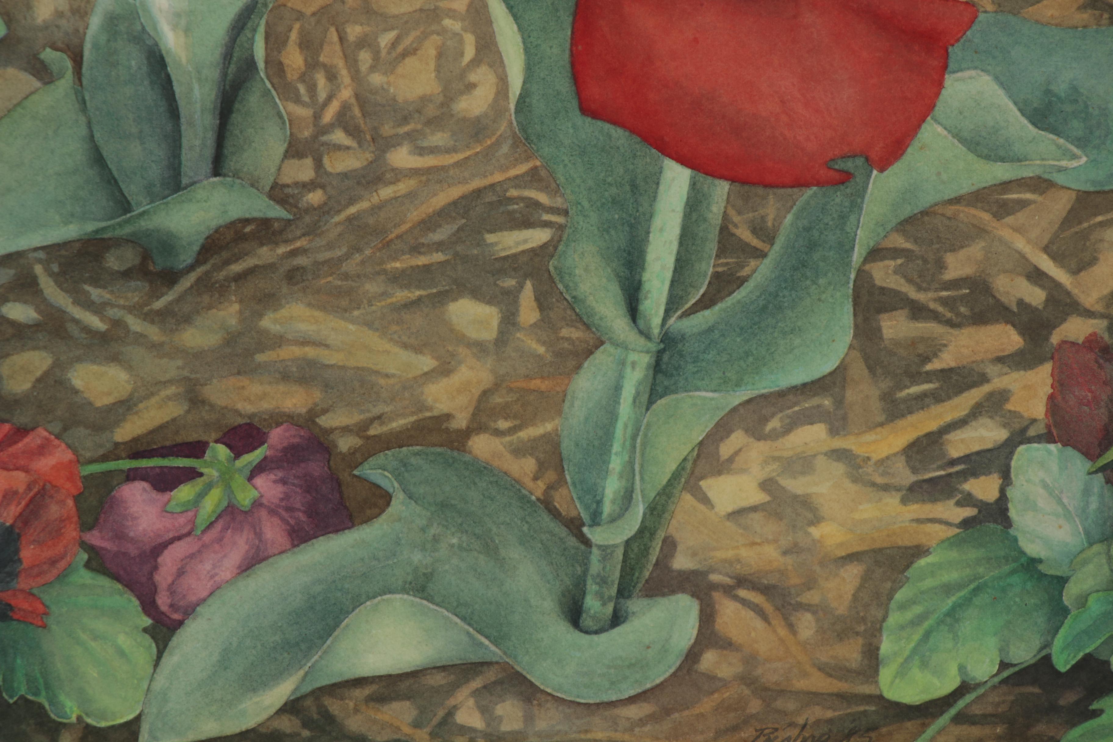 Pamela Bishop Watercolor Painting of Tulips and Pansies, 1985
