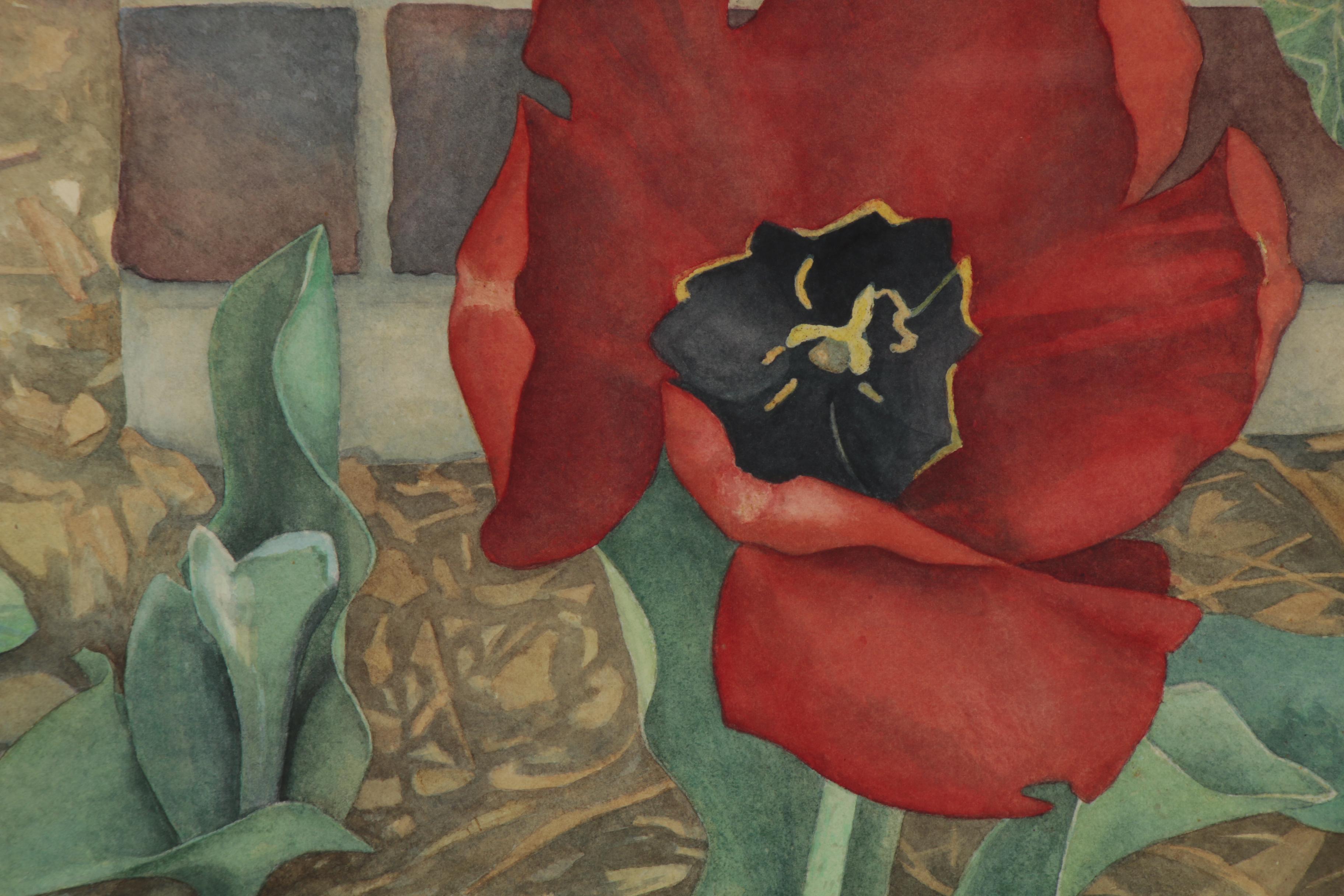 Pamela Bishop Watercolor Painting of Tulips and Pansies, 1985