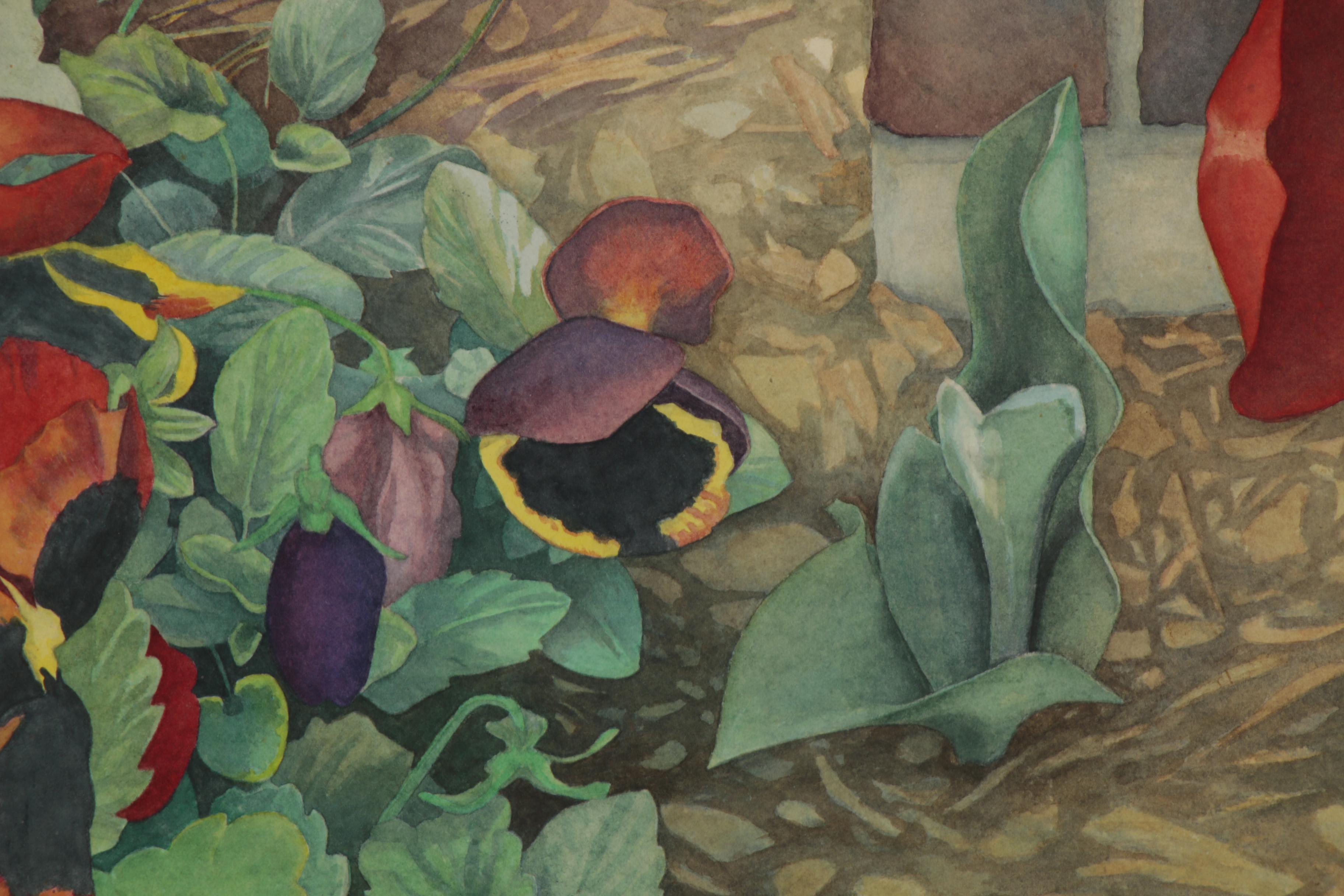 Pamela Bishop Watercolor Painting of Tulips and Pansies, 1985