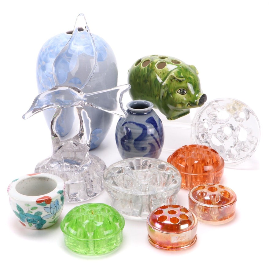 Cambridge Crystal Seagull Floral Frog with Other Glass Floral Frogs and Vases