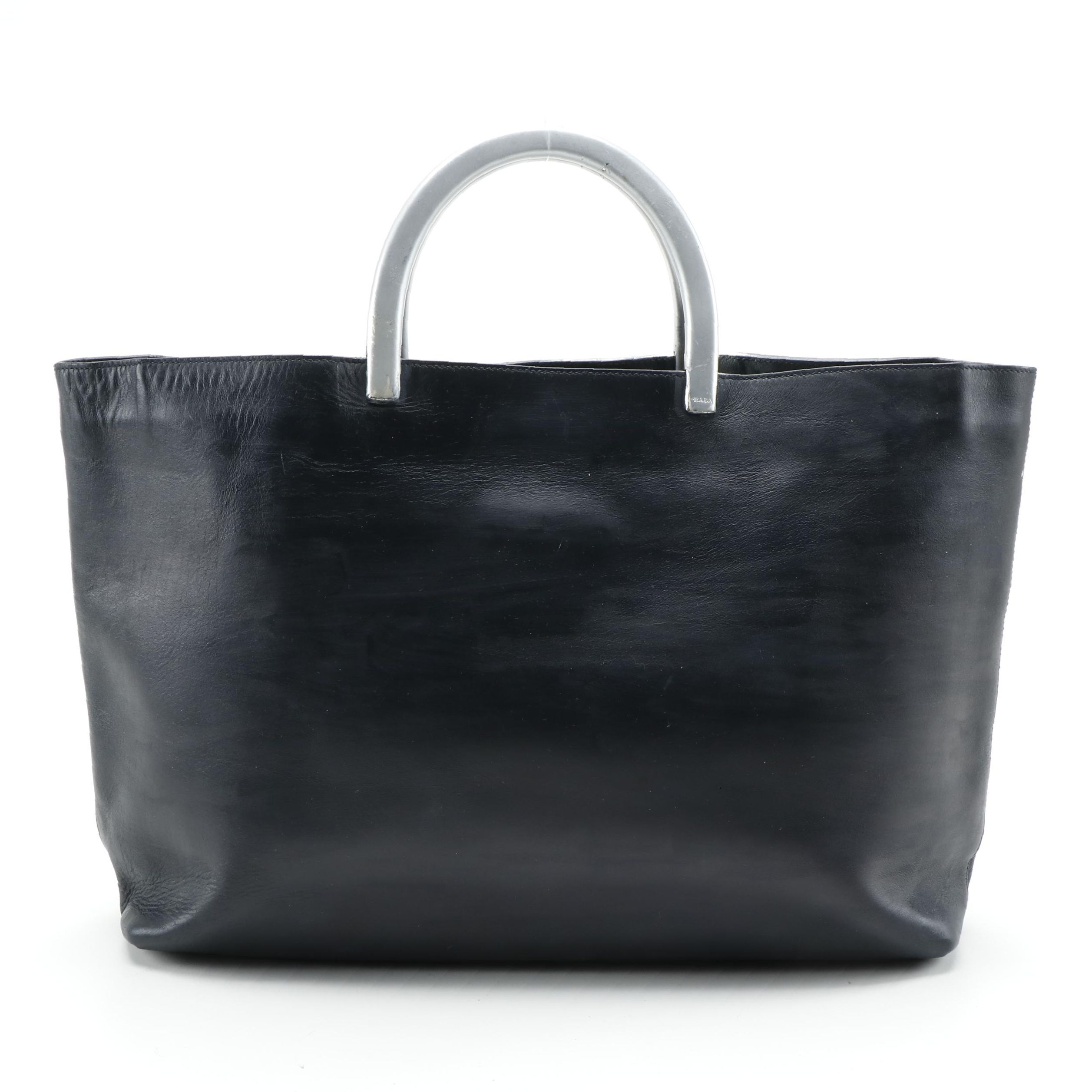 Modified Prada Black Leather Tote Bag with Metallic Handles