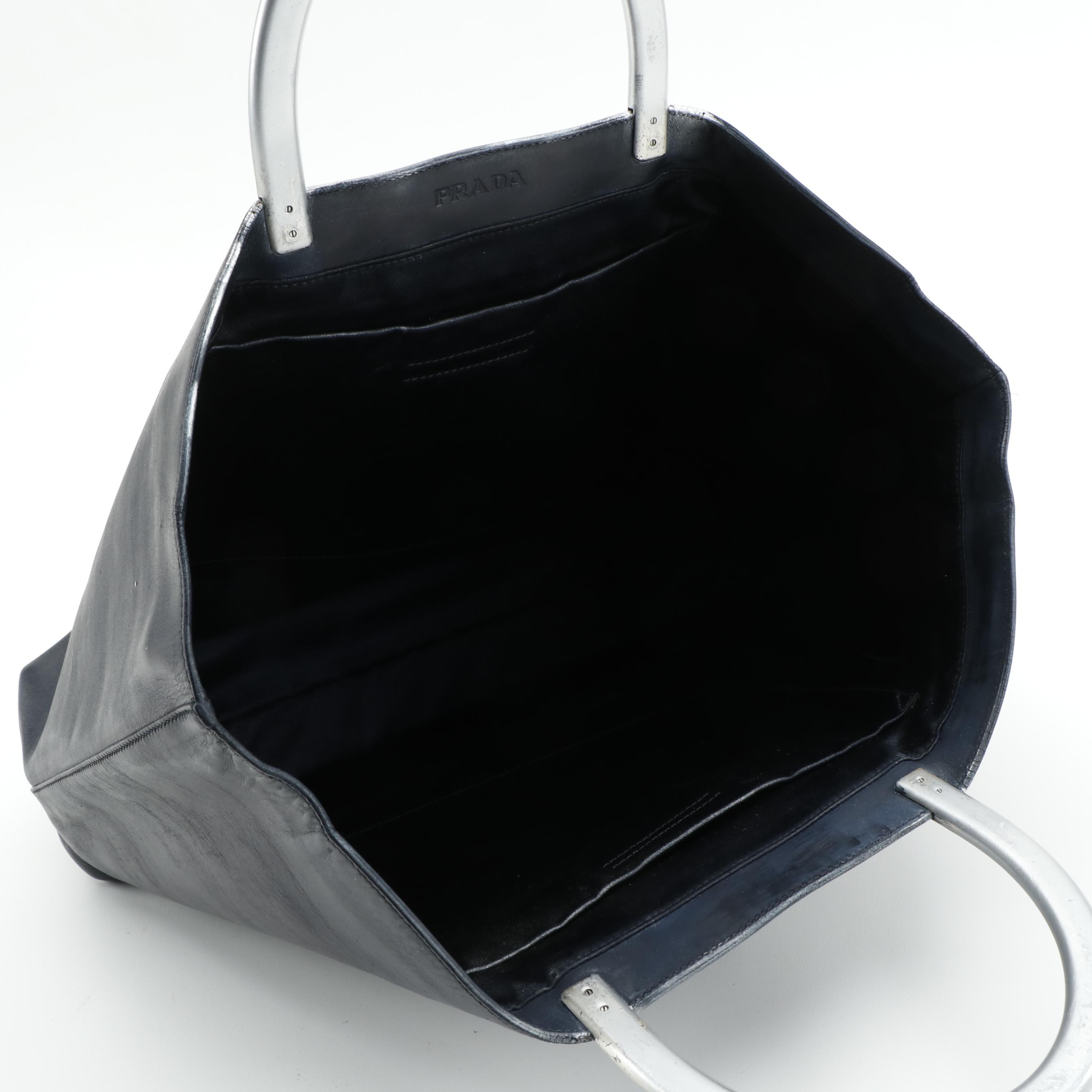Modified Prada Black Leather Tote Bag with Metallic Handles