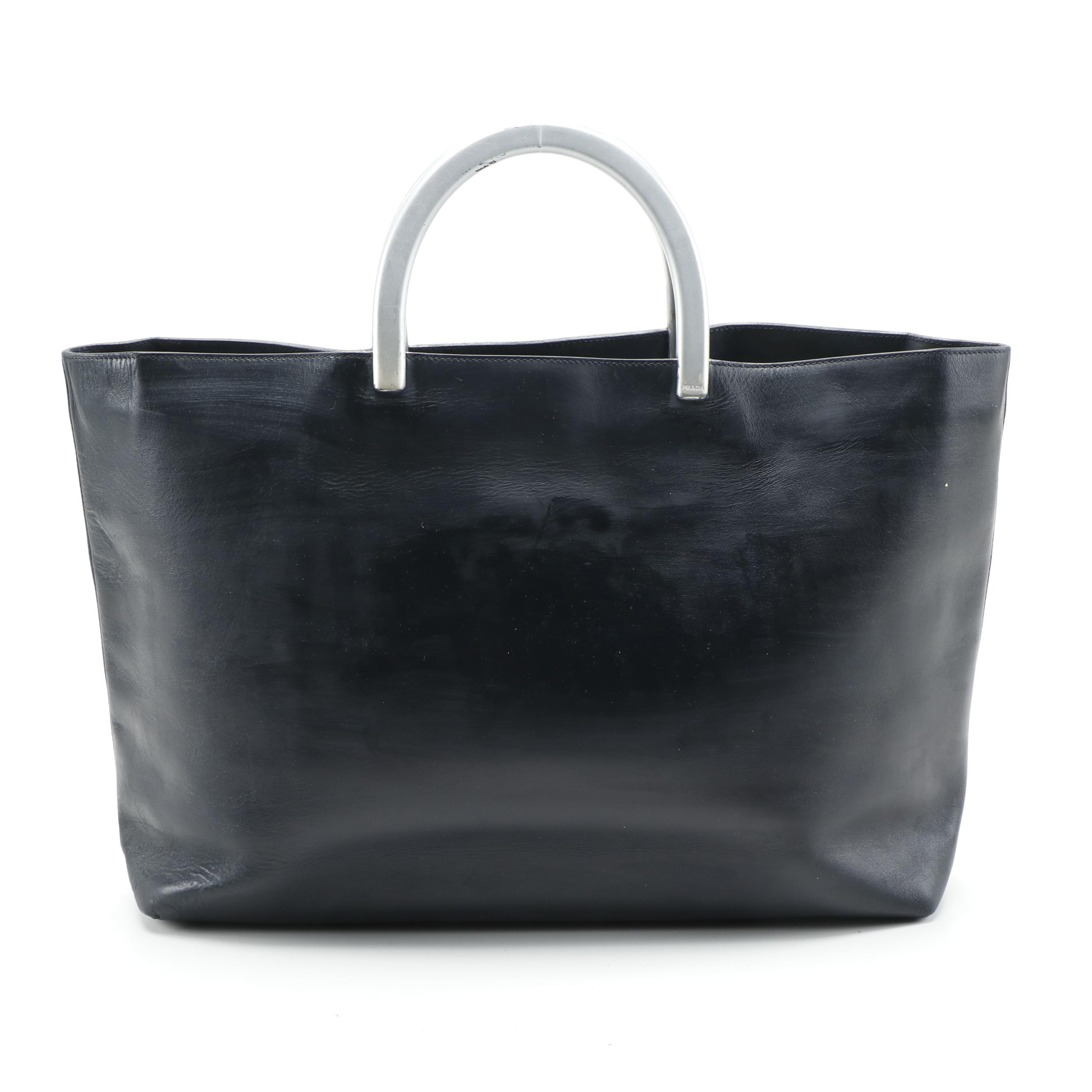 Modified Prada Black Leather Tote Bag with Metallic Handles