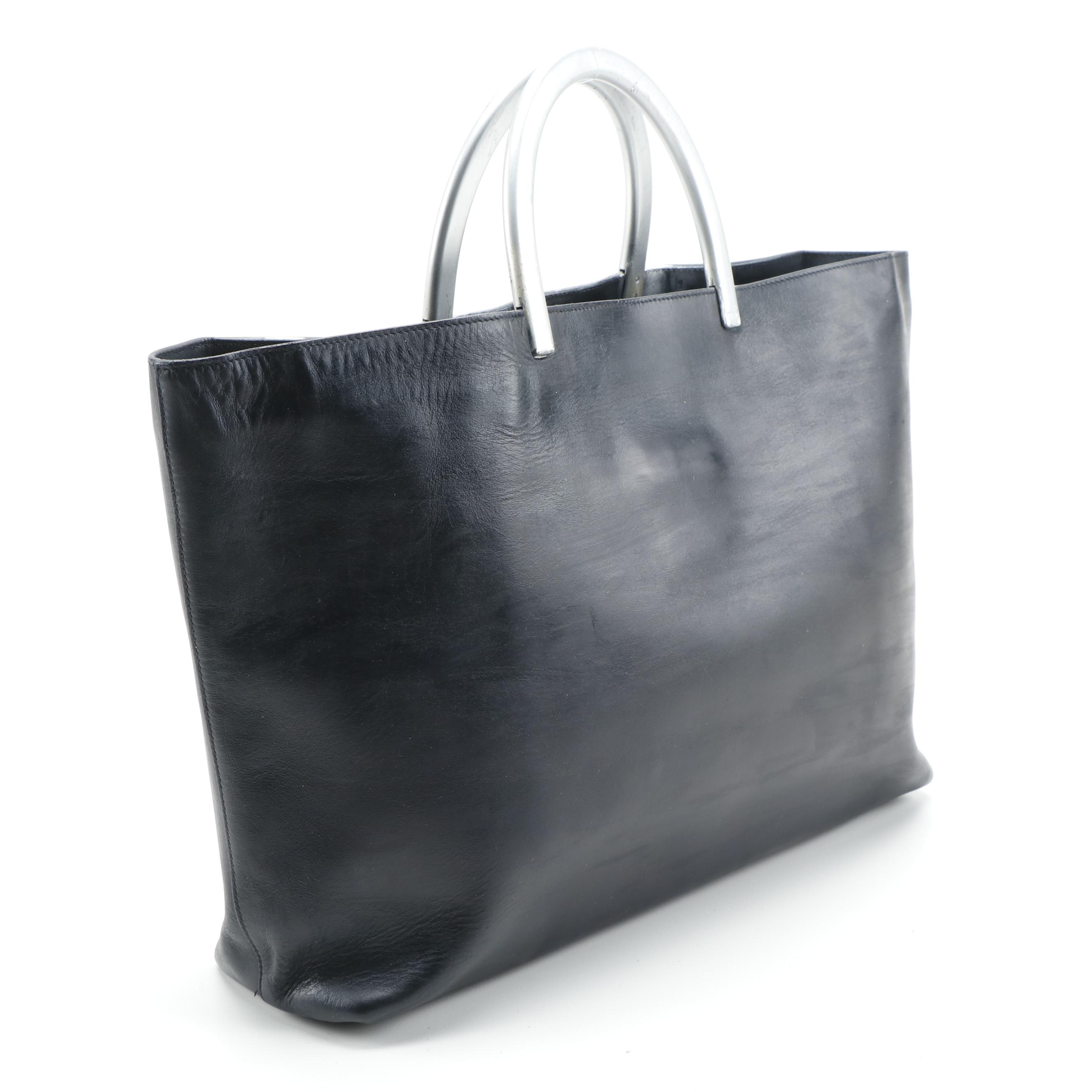 Modified Prada Black Leather Tote Bag with Metallic Handles