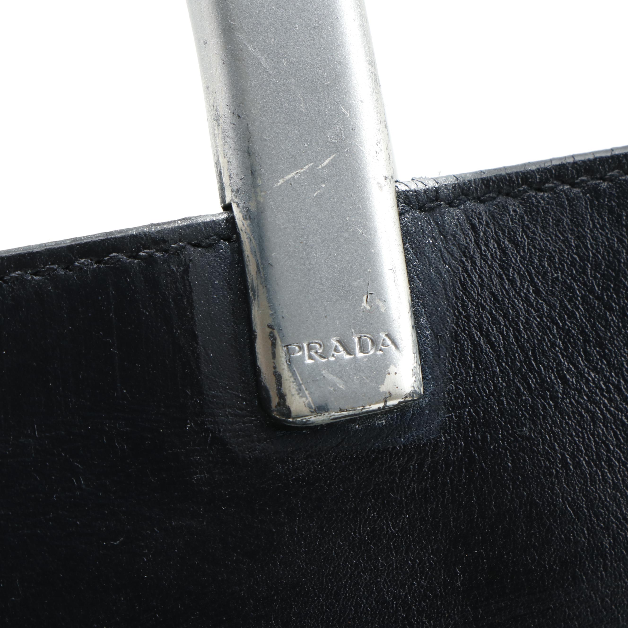 Modified Prada Black Leather Tote Bag with Metallic Handles