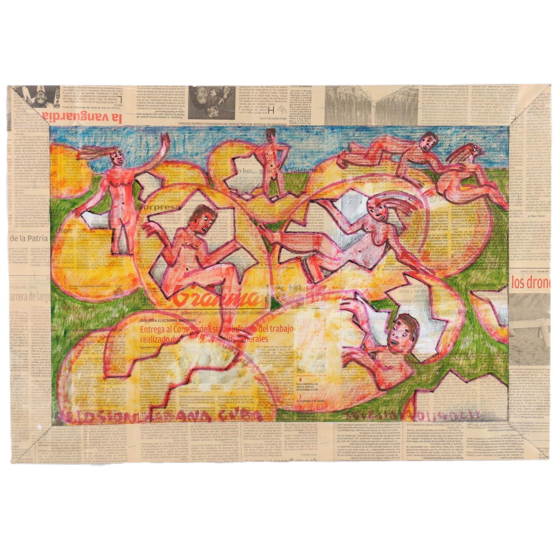Cuban Mixed Media Drawing on Newspaper of People Hatching from Eggs