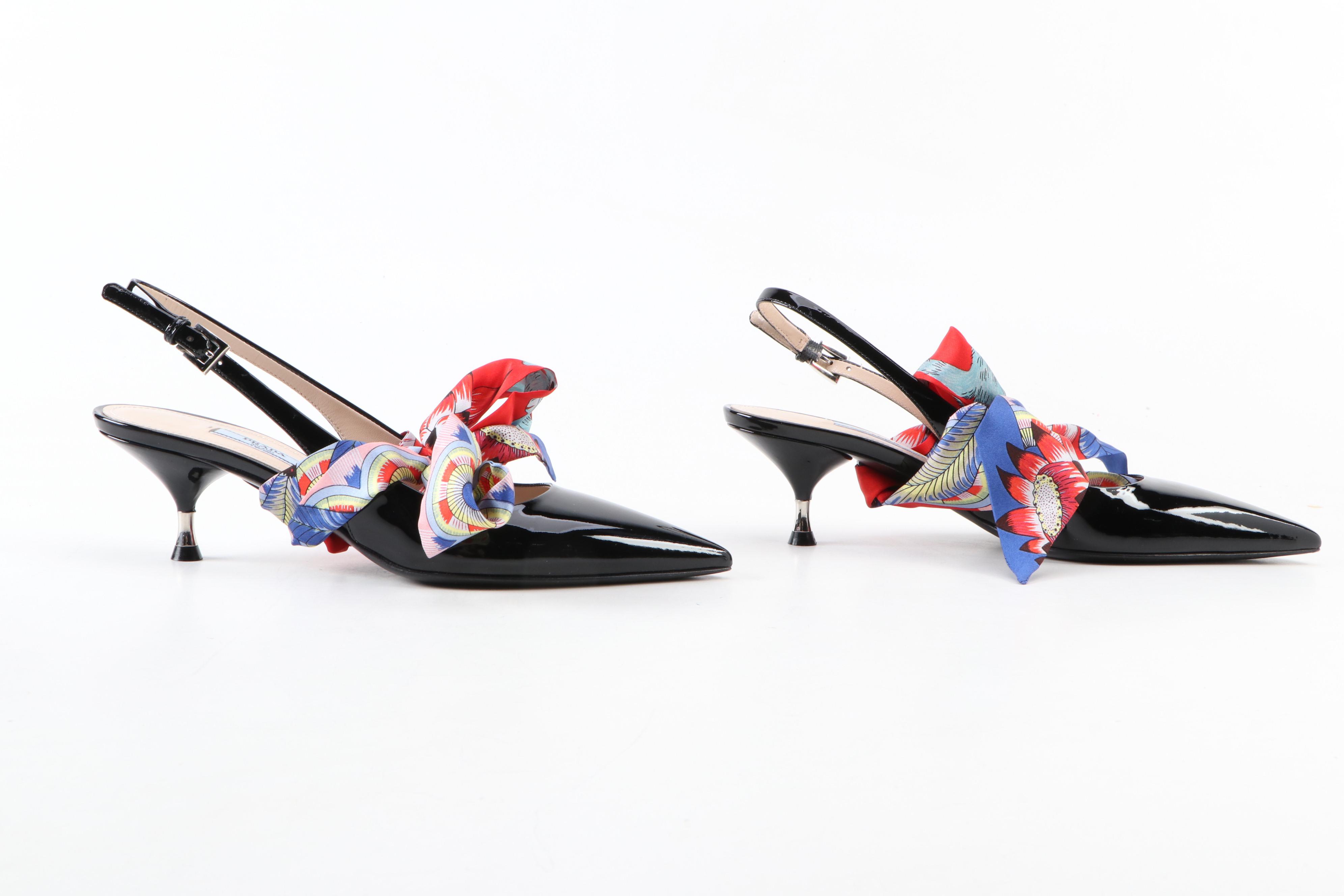 Prada Slingback Bow Kitten Heels in Black Patent Leather