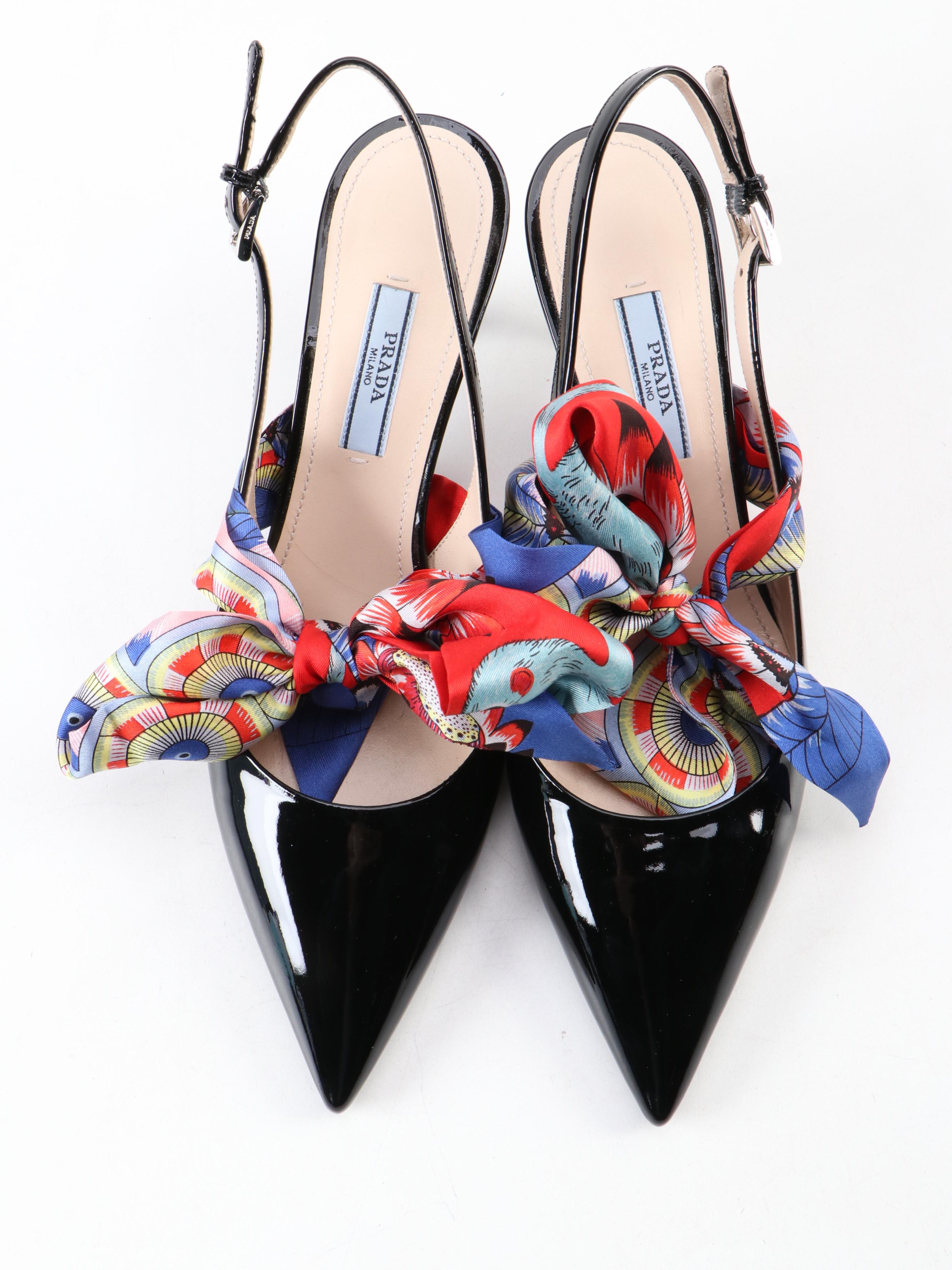 Prada Slingback Bow Kitten Heels in Black Patent Leather