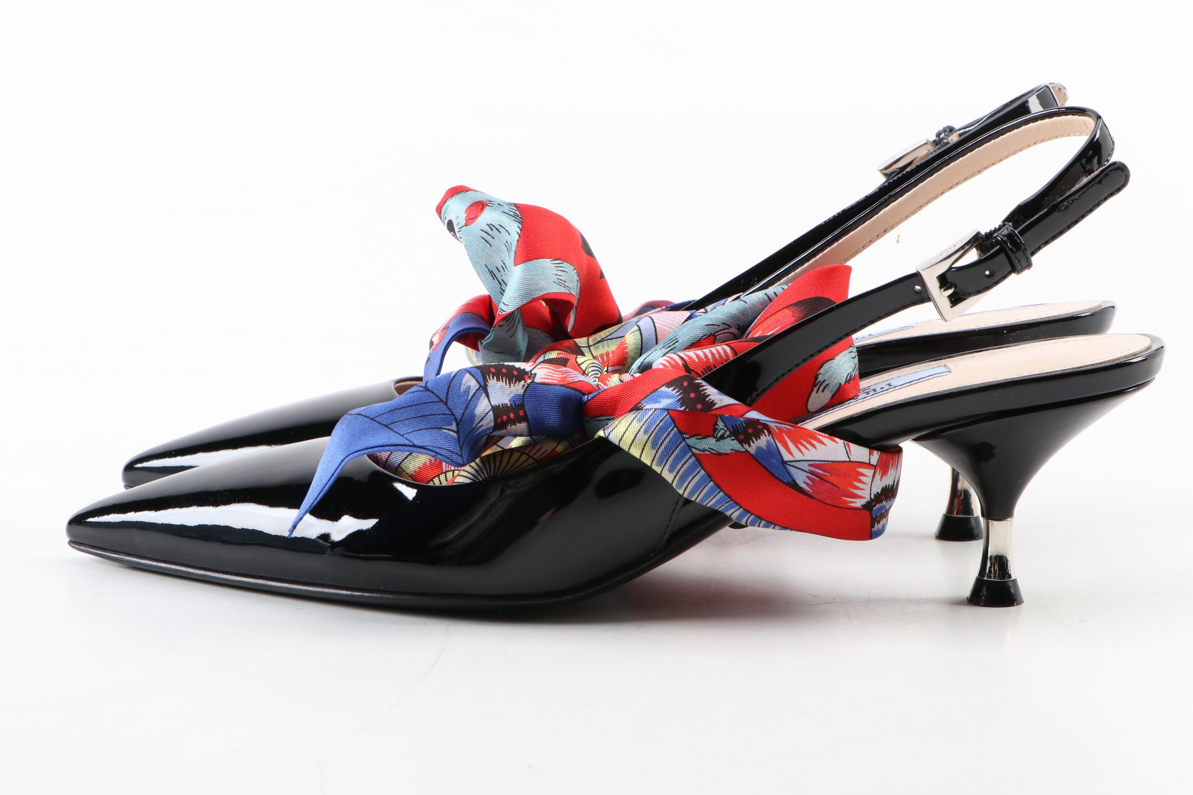 Prada Slingback Bow Kitten Heels in Black Patent Leather