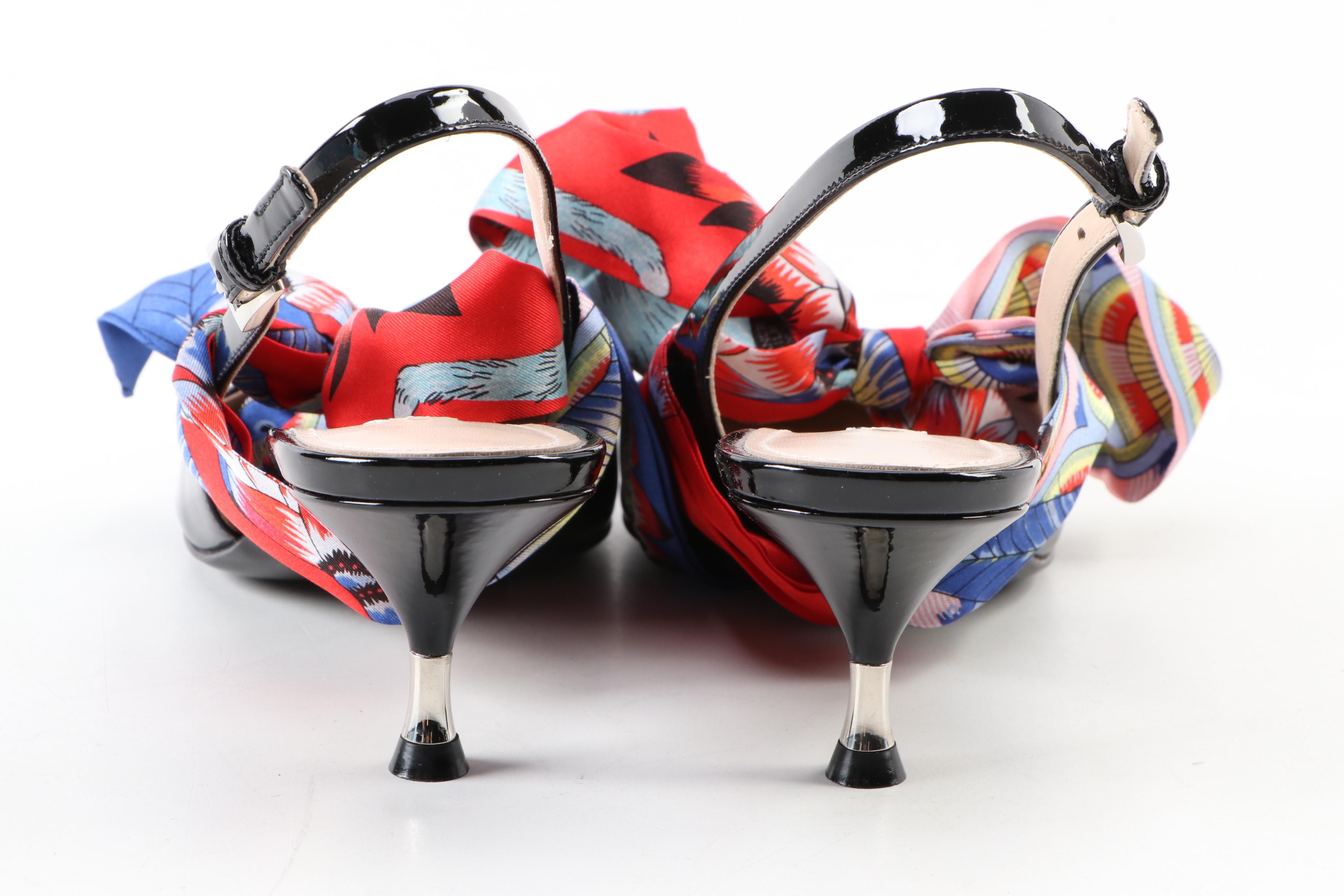 Prada Slingback Bow Kitten Heels in Black Patent Leather