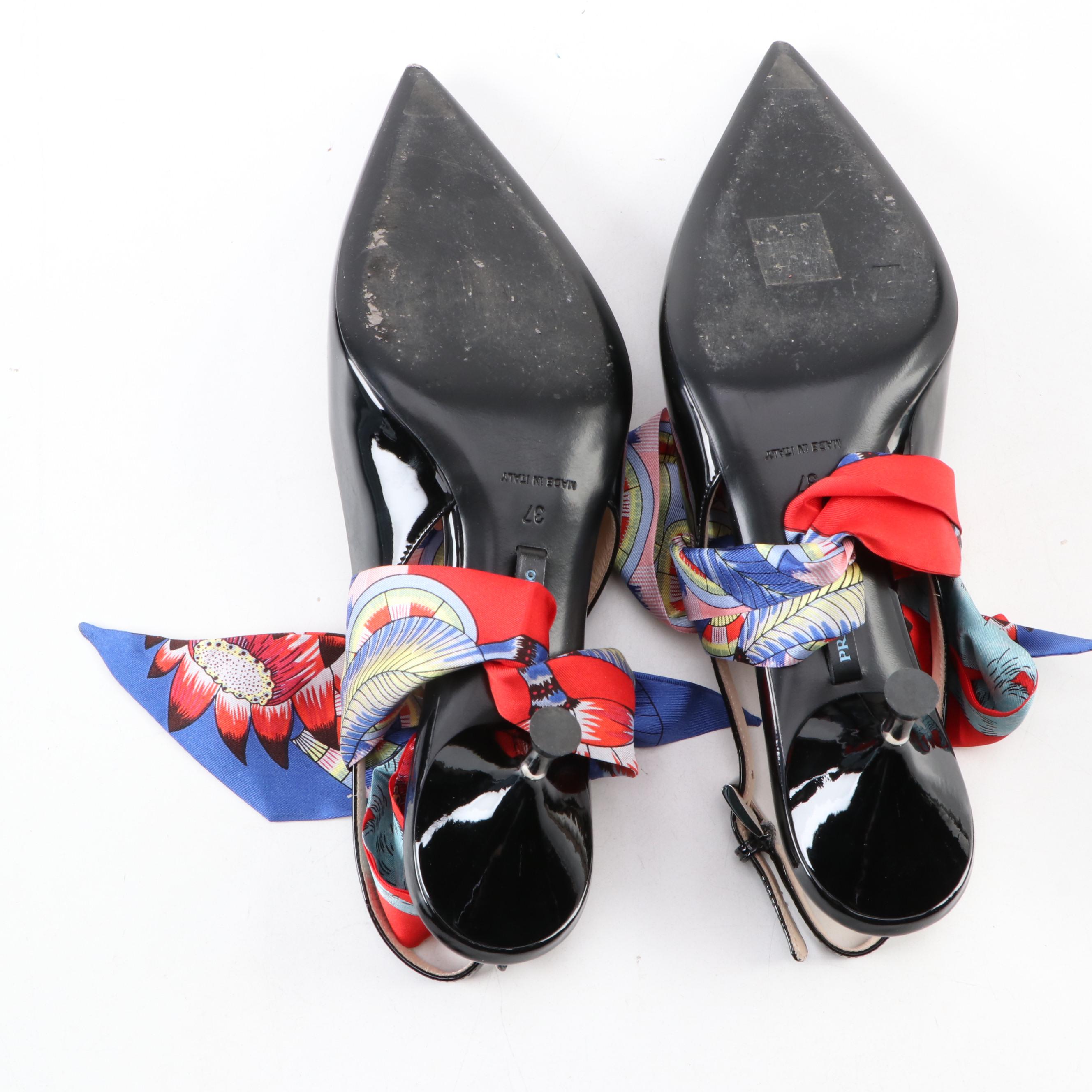 Prada Slingback Bow Kitten Heels in Black Patent Leather