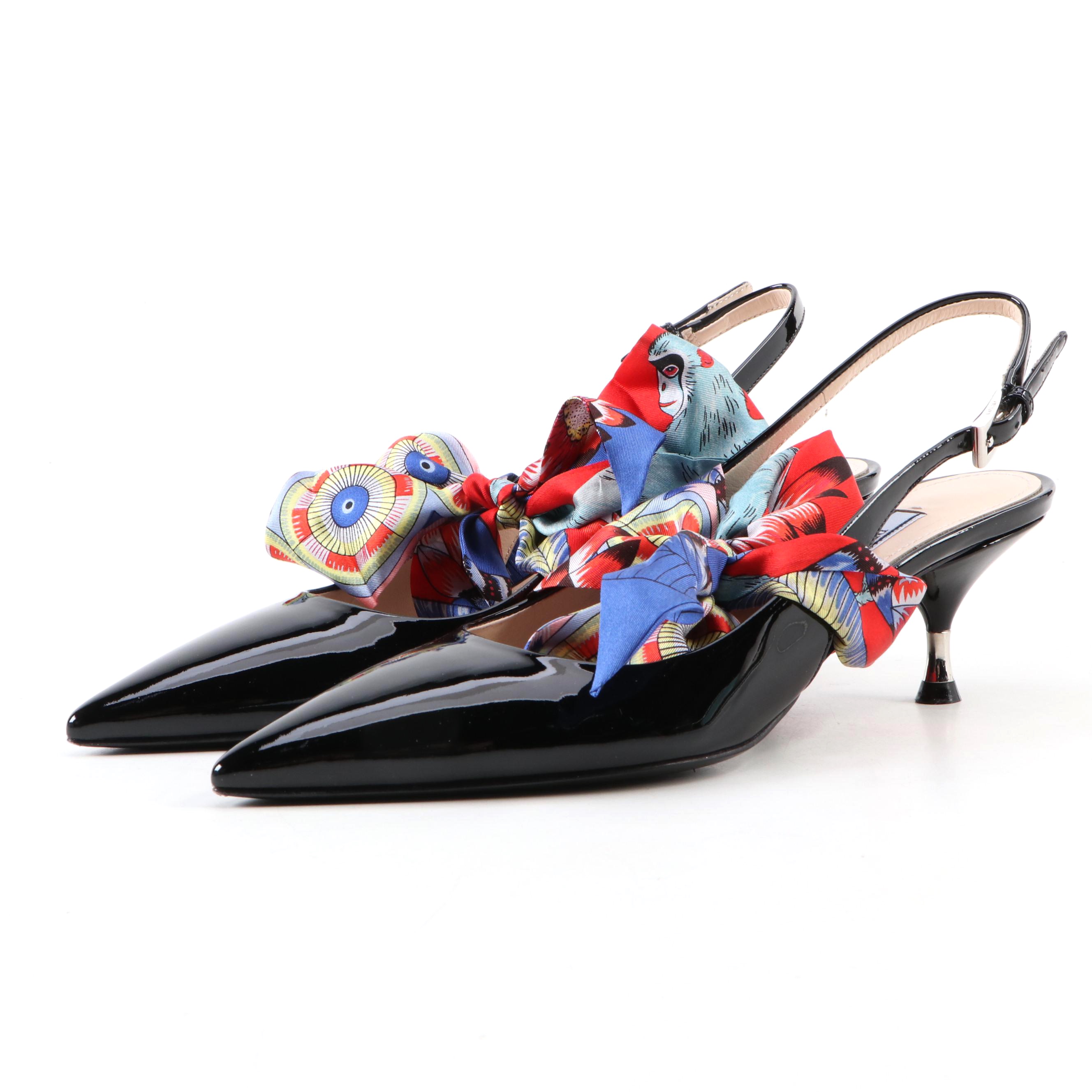 Prada Slingback Bow Kitten Heels in Black Patent Leather