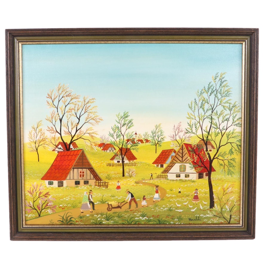 A. Kowalski Acrylic Painting of Eastern European Village Landscape
