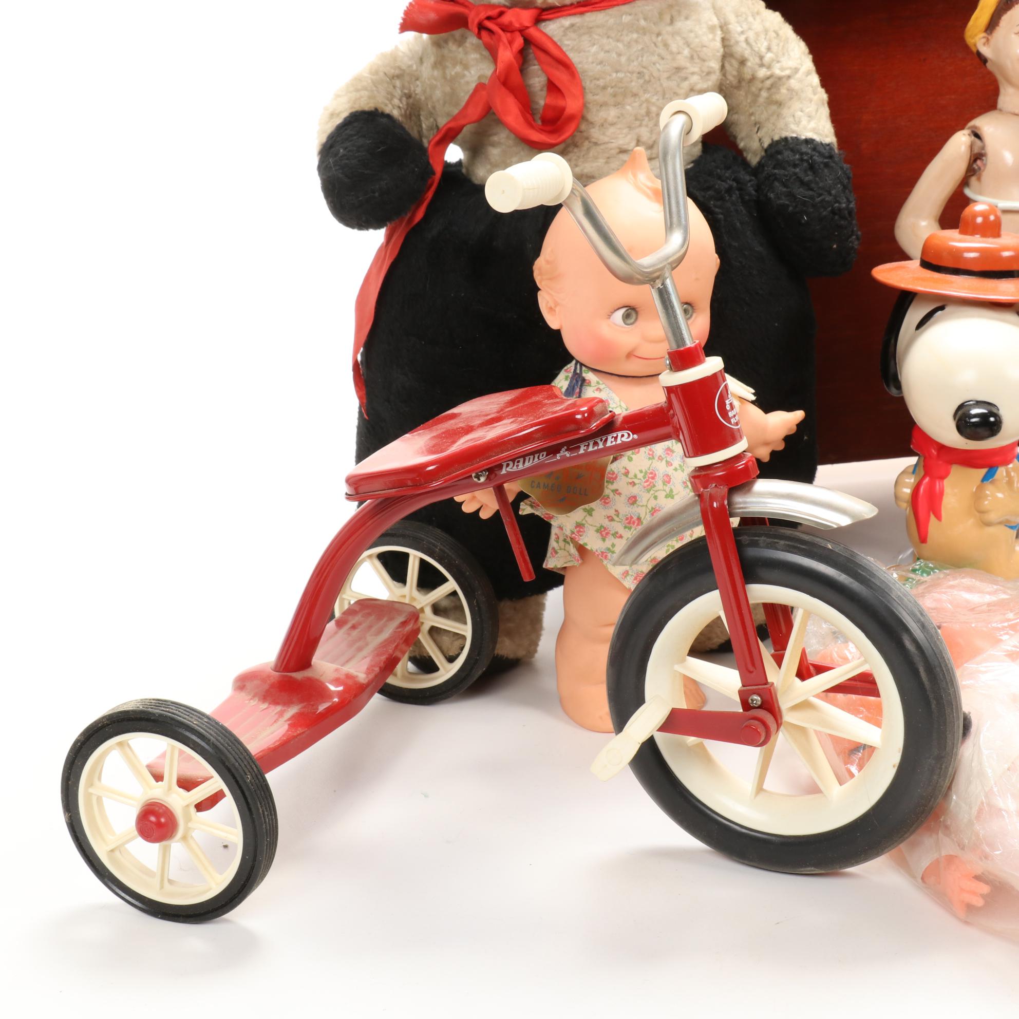 Schoenhut Wooden Piano, Radio Flyer Tricycle, "Kespie" Doll, and Other Toys