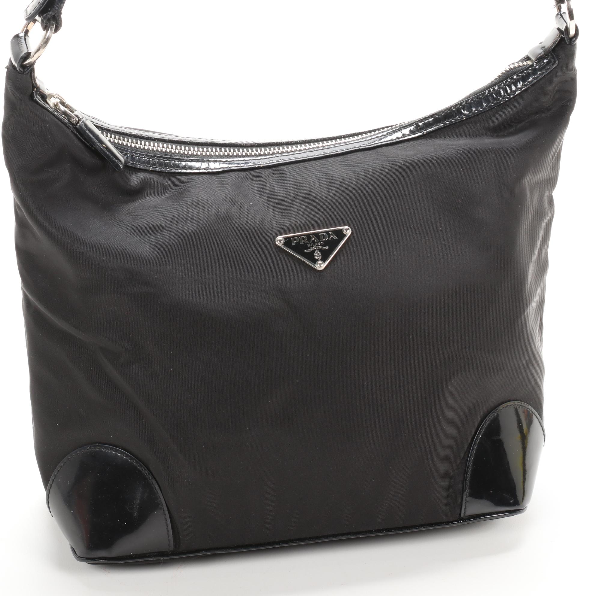 Prada Shoulder Bag in Black Tessuto Nylon and Patent Leather