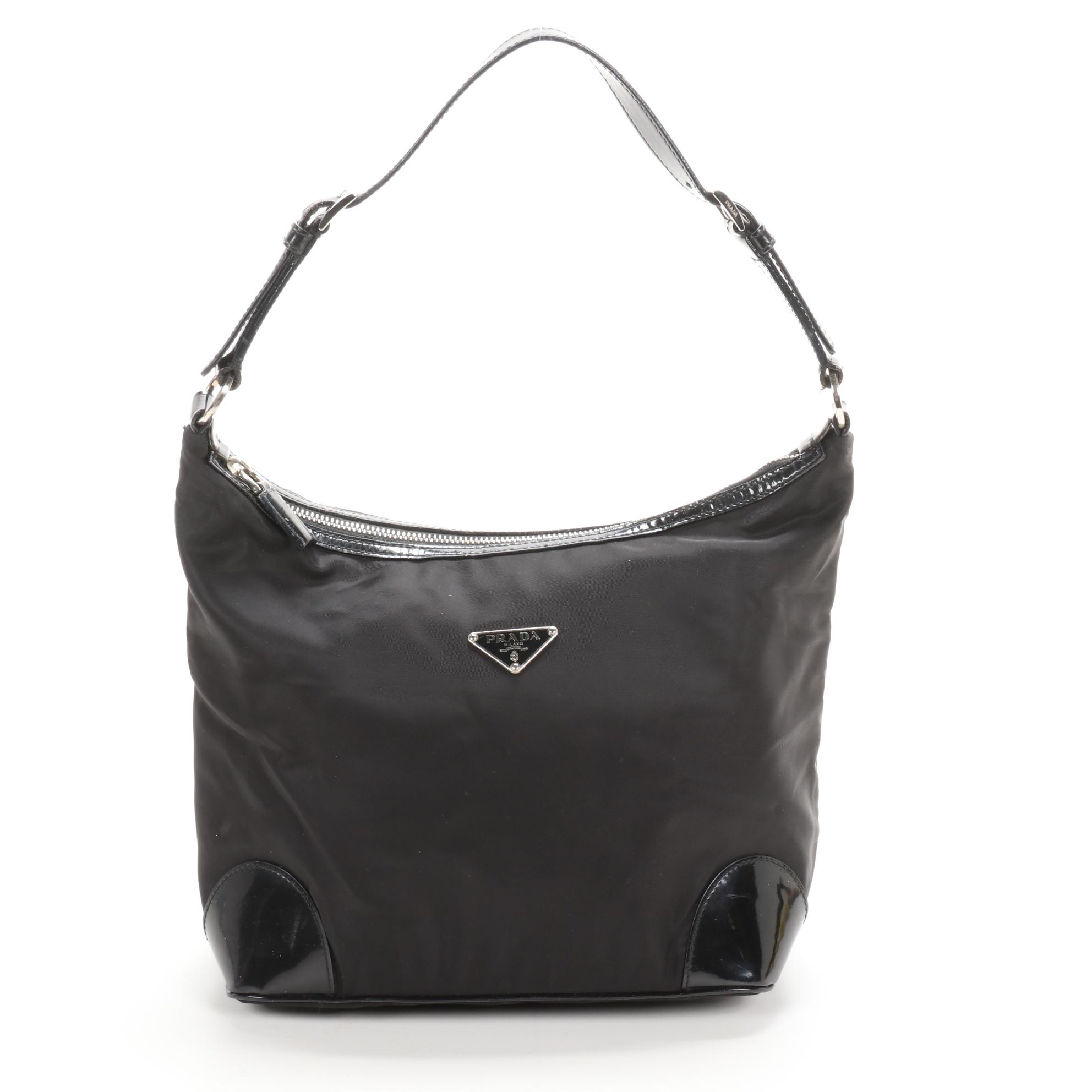 Prada Shoulder Bag in Black Tessuto Nylon and Patent Leather