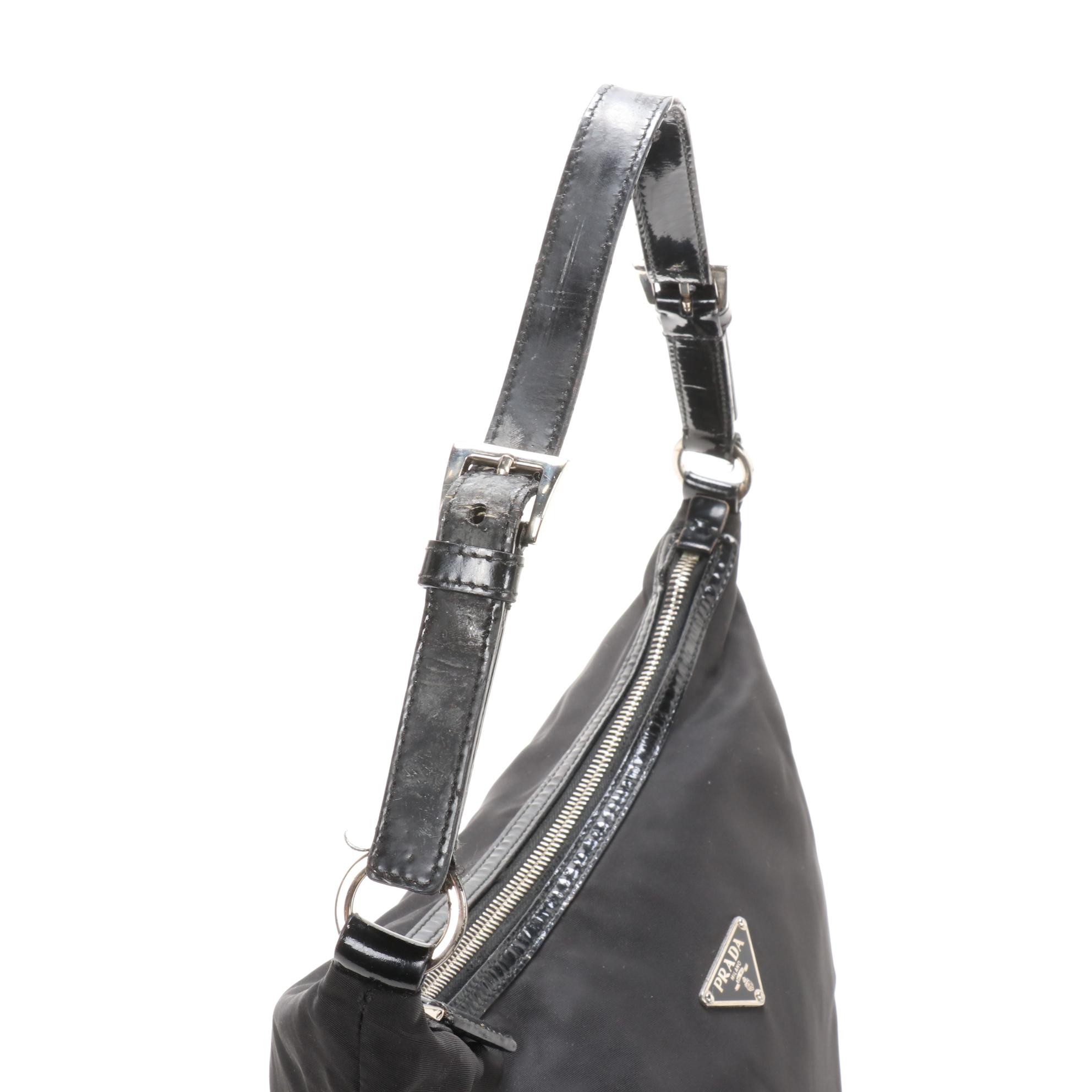Prada Shoulder Bag in Black Tessuto Nylon and Patent Leather