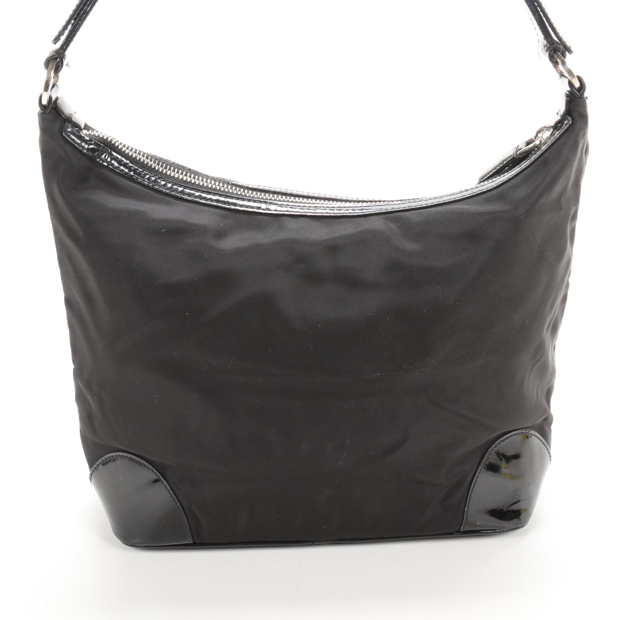 Prada Shoulder Bag in Black Tessuto Nylon and Patent Leather
