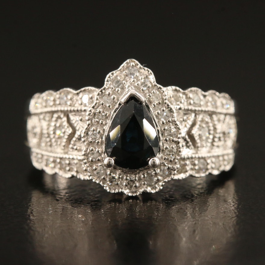 14K Sapphire and Diamond Ring with Scalloped Edges