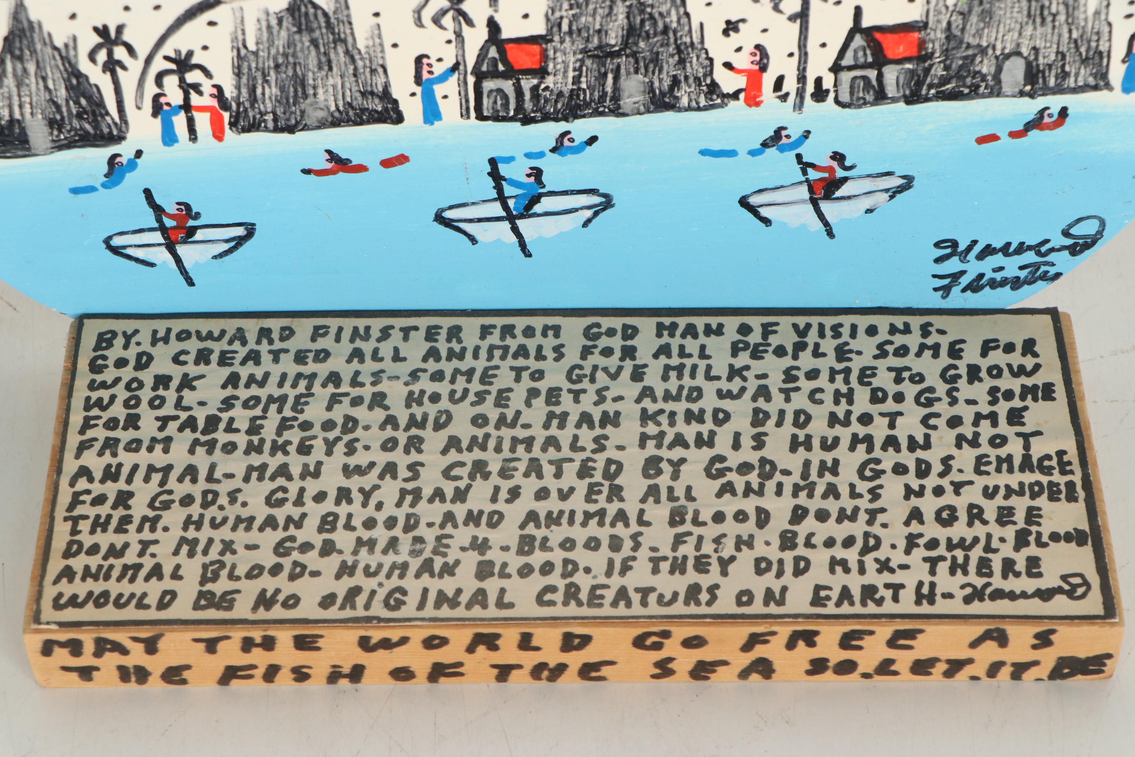 Howard Finster Folk Art Wooden Sculpture "May The World Go Free...," 1990
