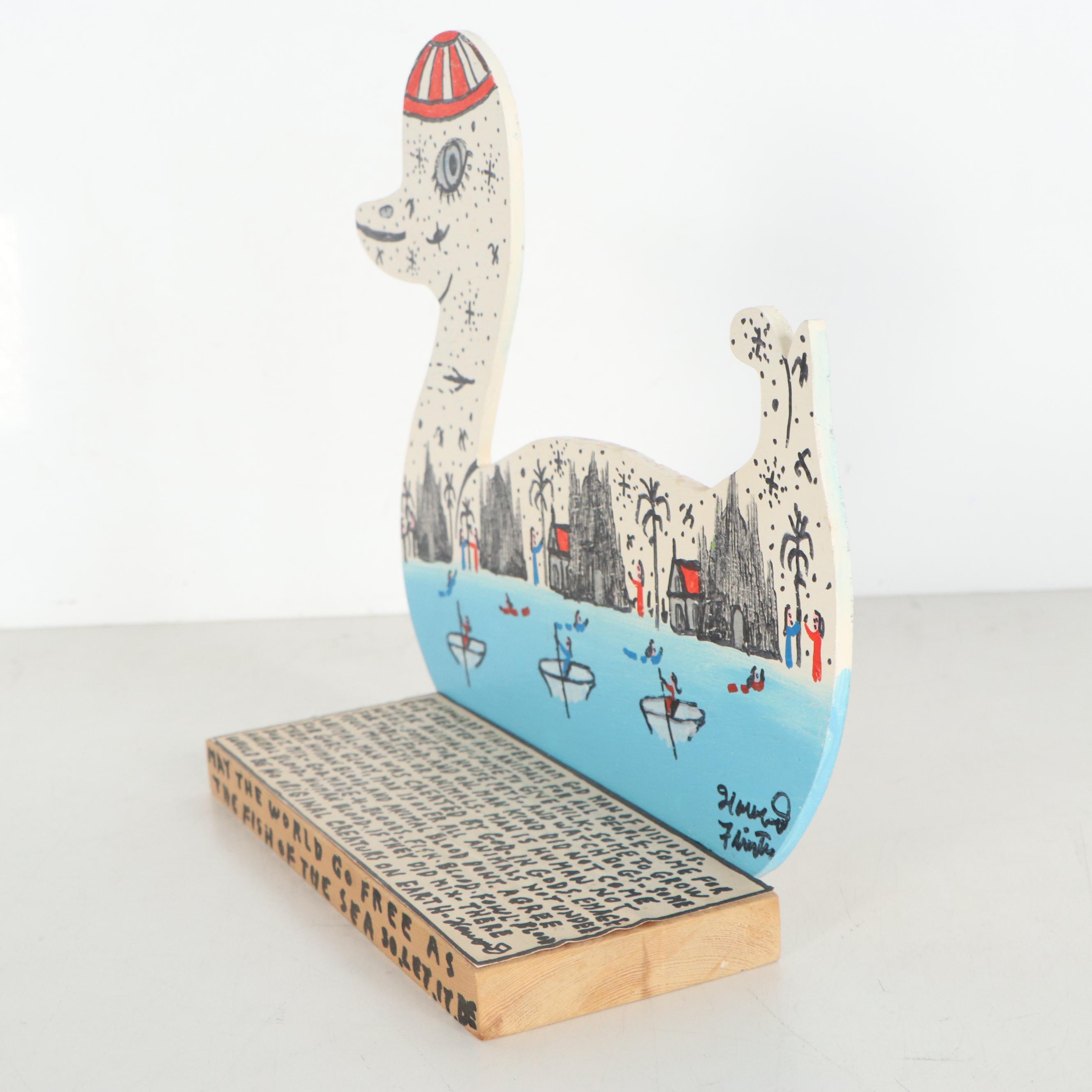 Howard Finster Folk Art Wooden Sculpture "May The World Go Free...," 1990