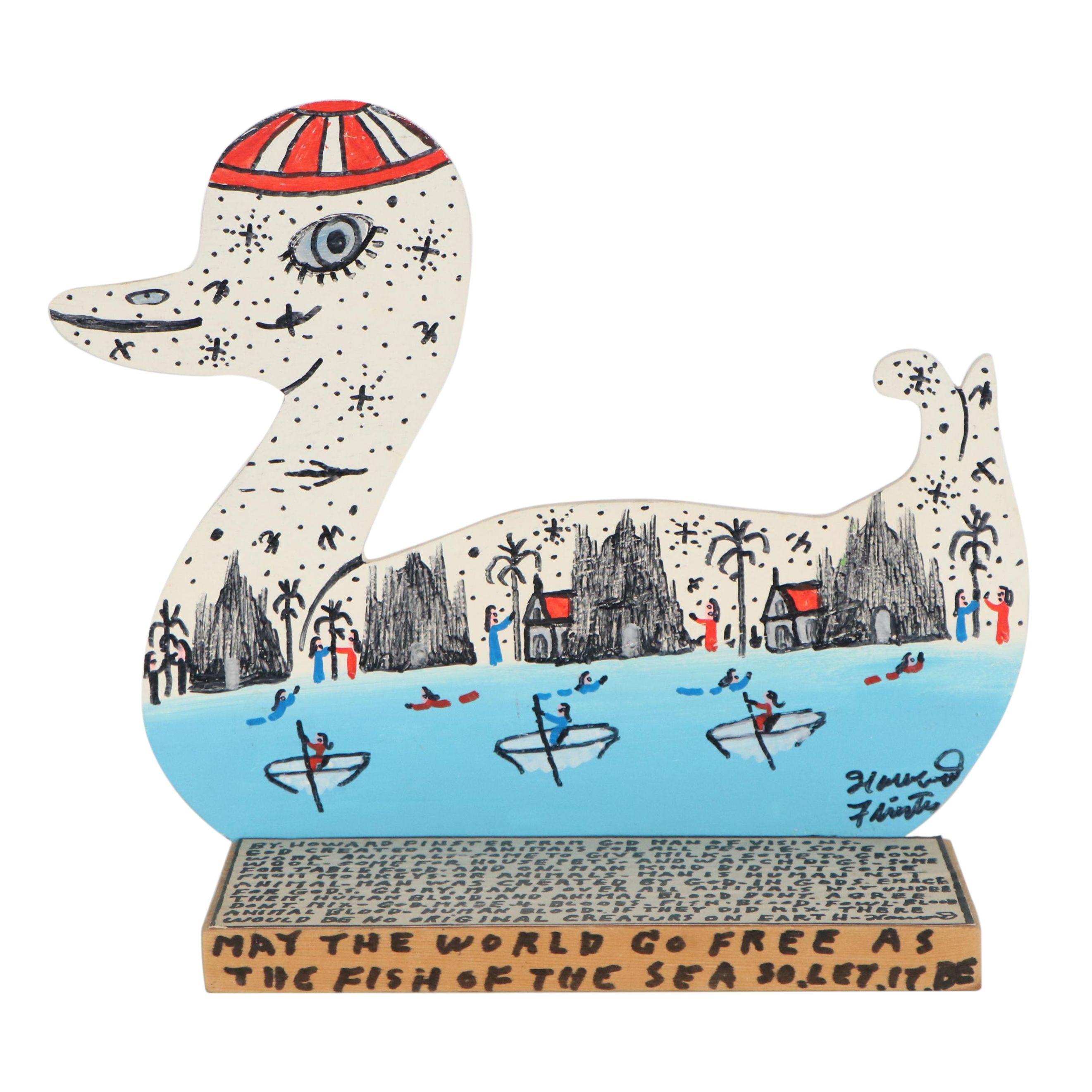 Howard Finster Folk Art Wooden Sculpture "May The World Go Free...," 1990