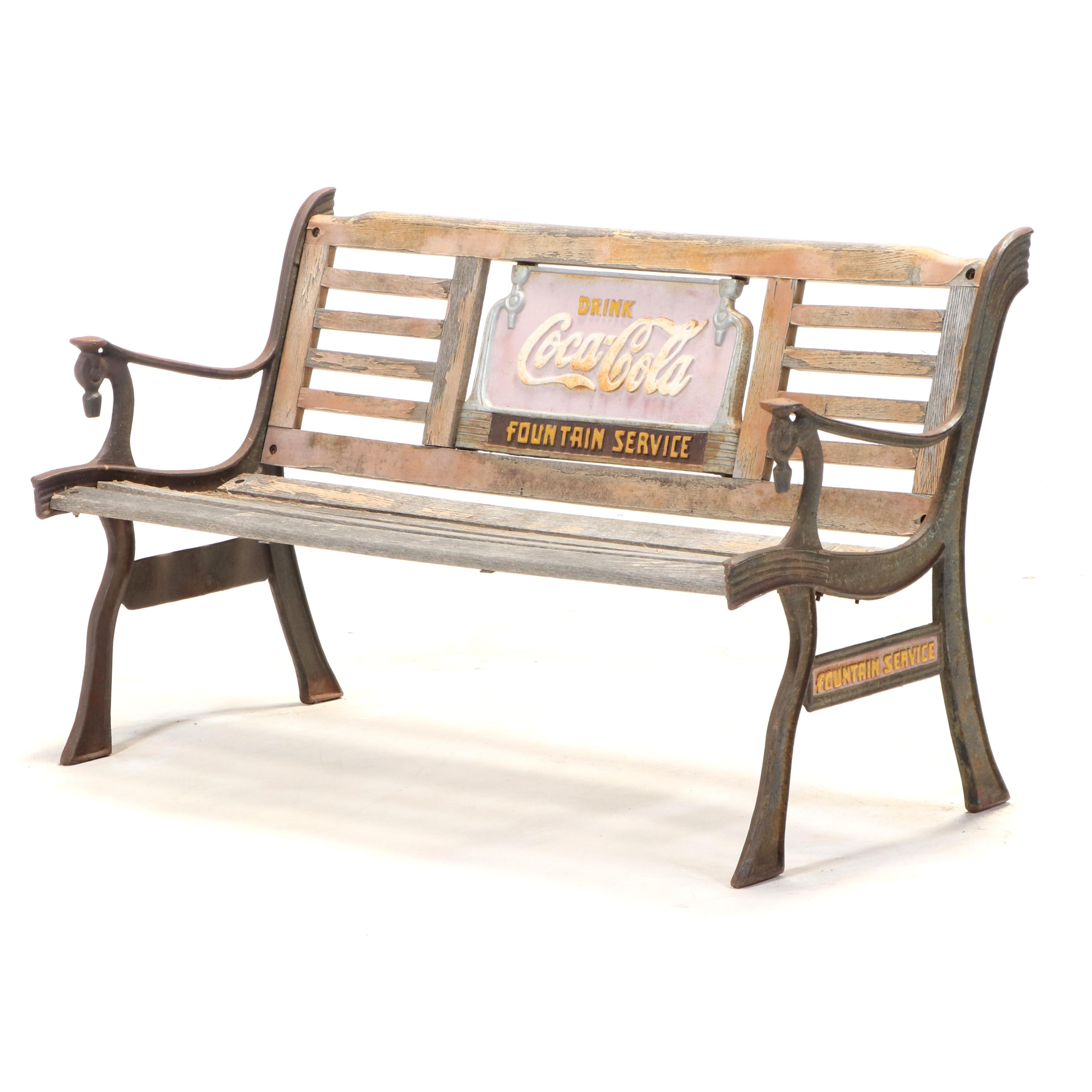 Coca-Cola Fountain Service Cast Iron and Oak Bench
