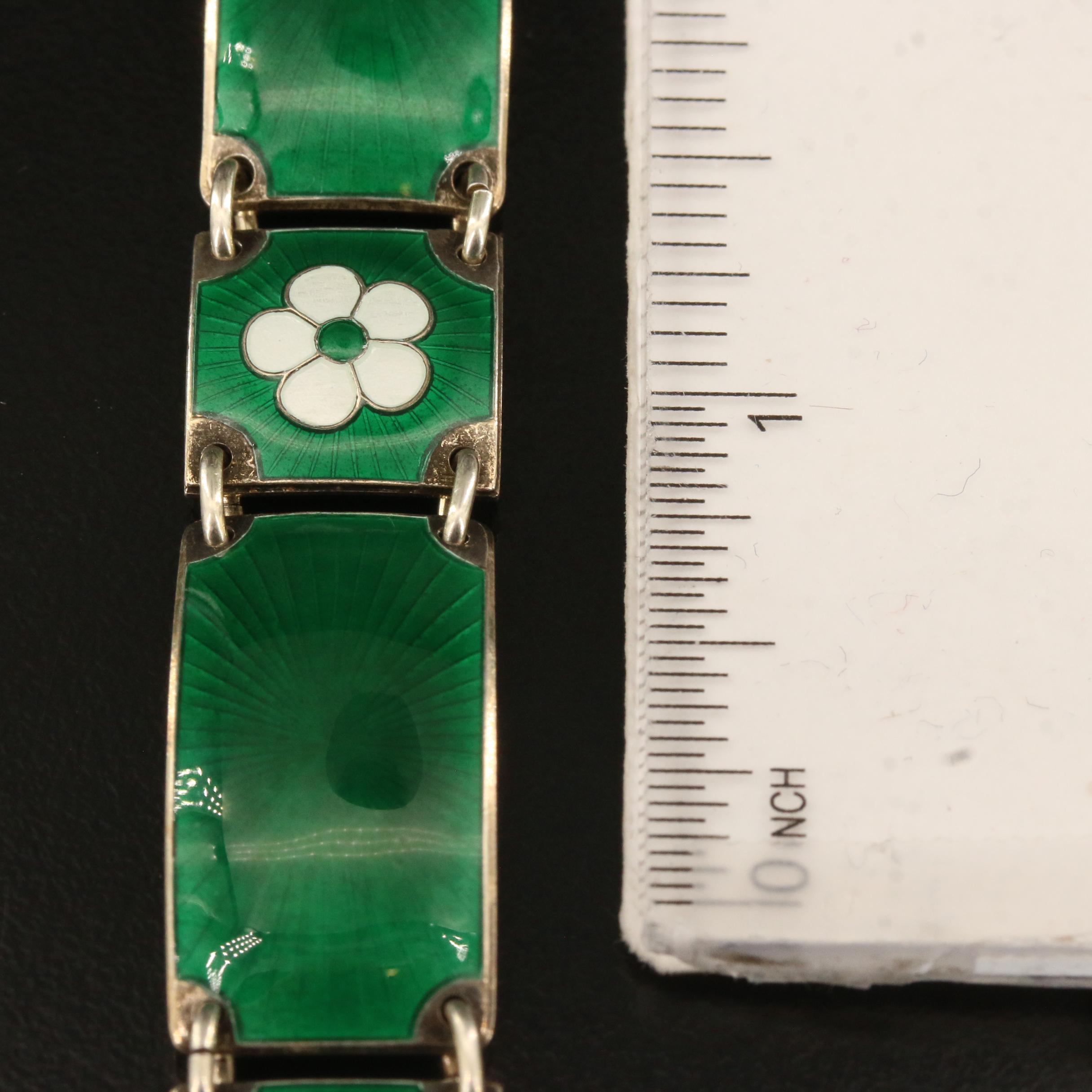 Vintage Norwegian Finn Jensen Sterling Silver Enamel Floral Panel Bracelet