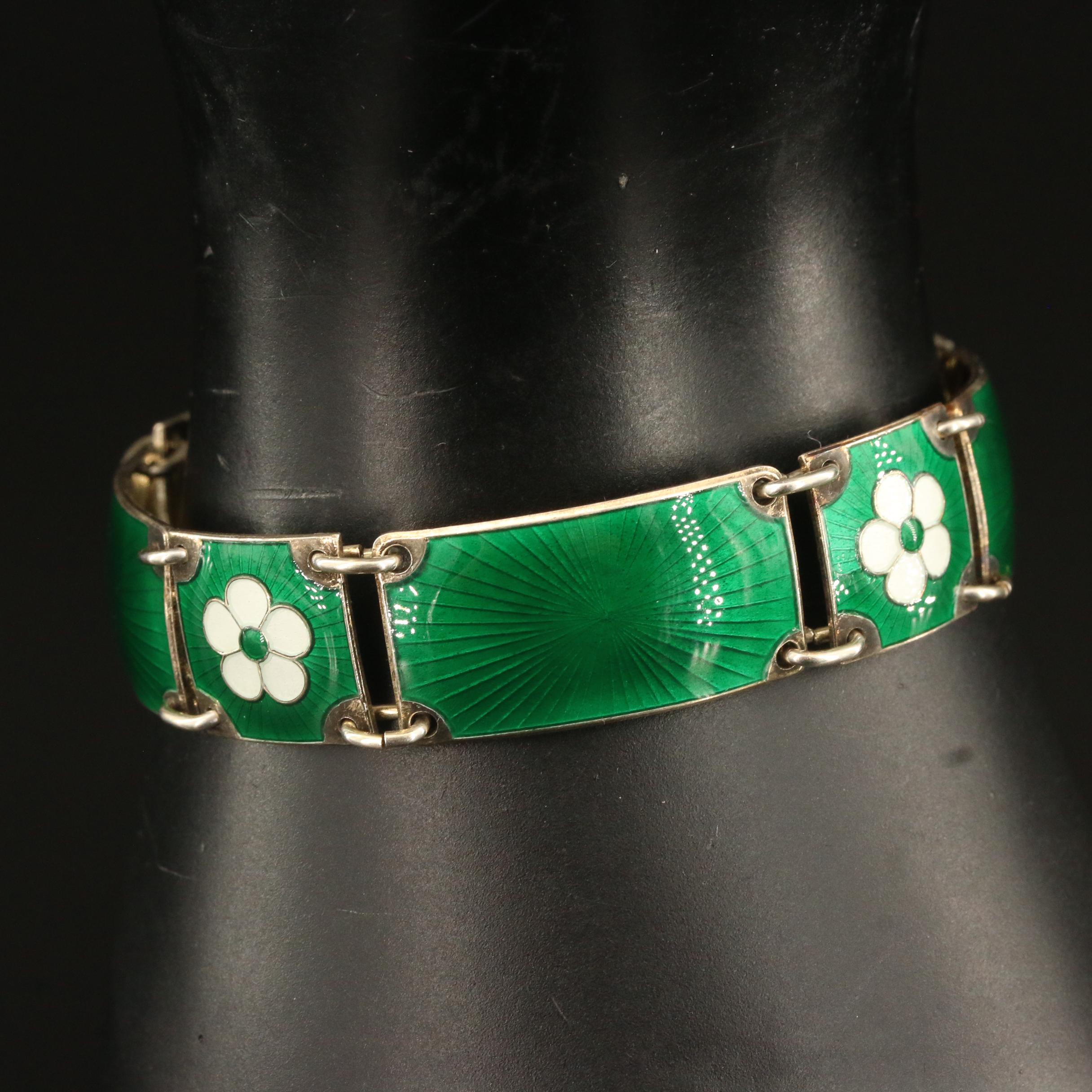 Vintage Norwegian Finn Jensen Sterling Silver Enamel Floral Panel Bracelet