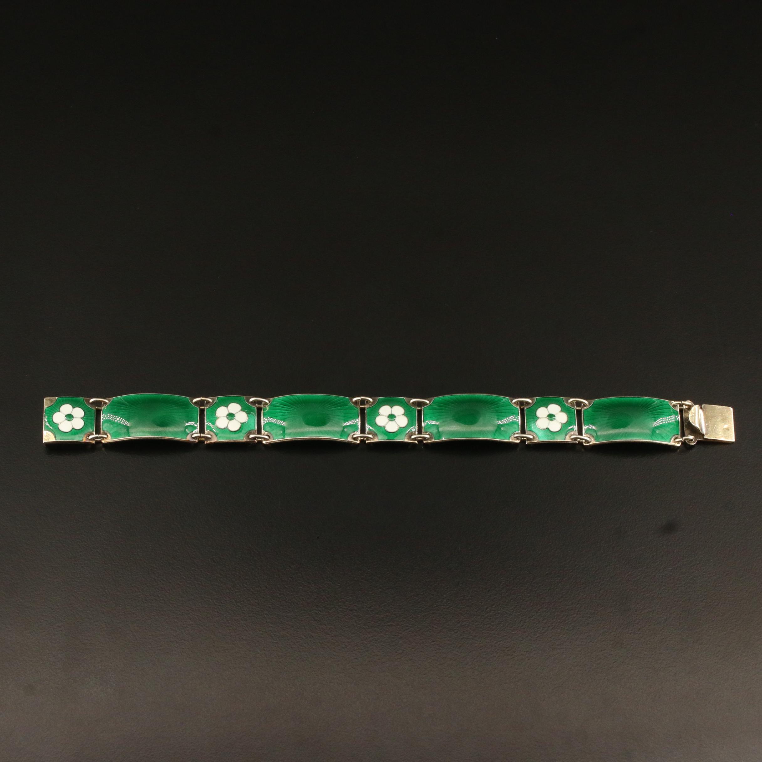 Vintage Norwegian Finn Jensen Sterling Silver Enamel Floral Panel Bracelet