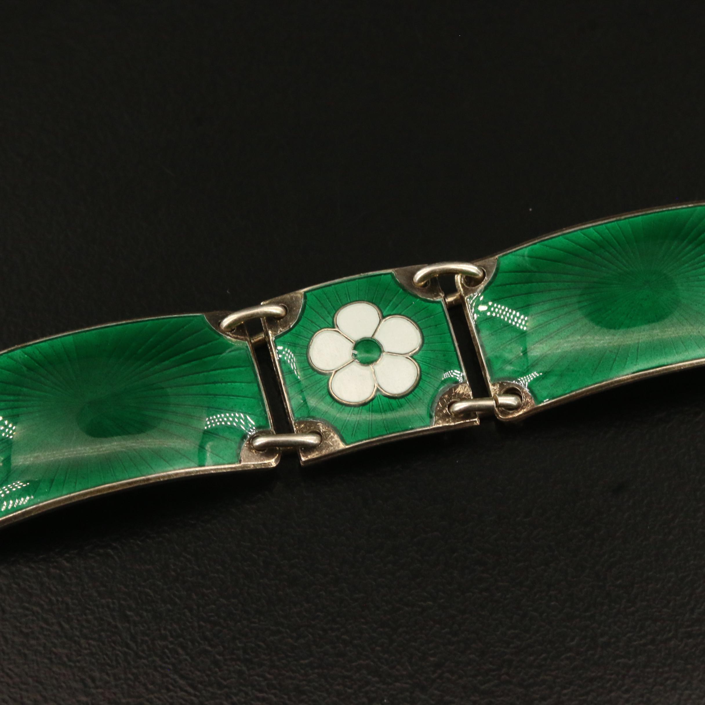 Vintage Norwegian Finn Jensen Sterling Silver Enamel Floral Panel Bracelet