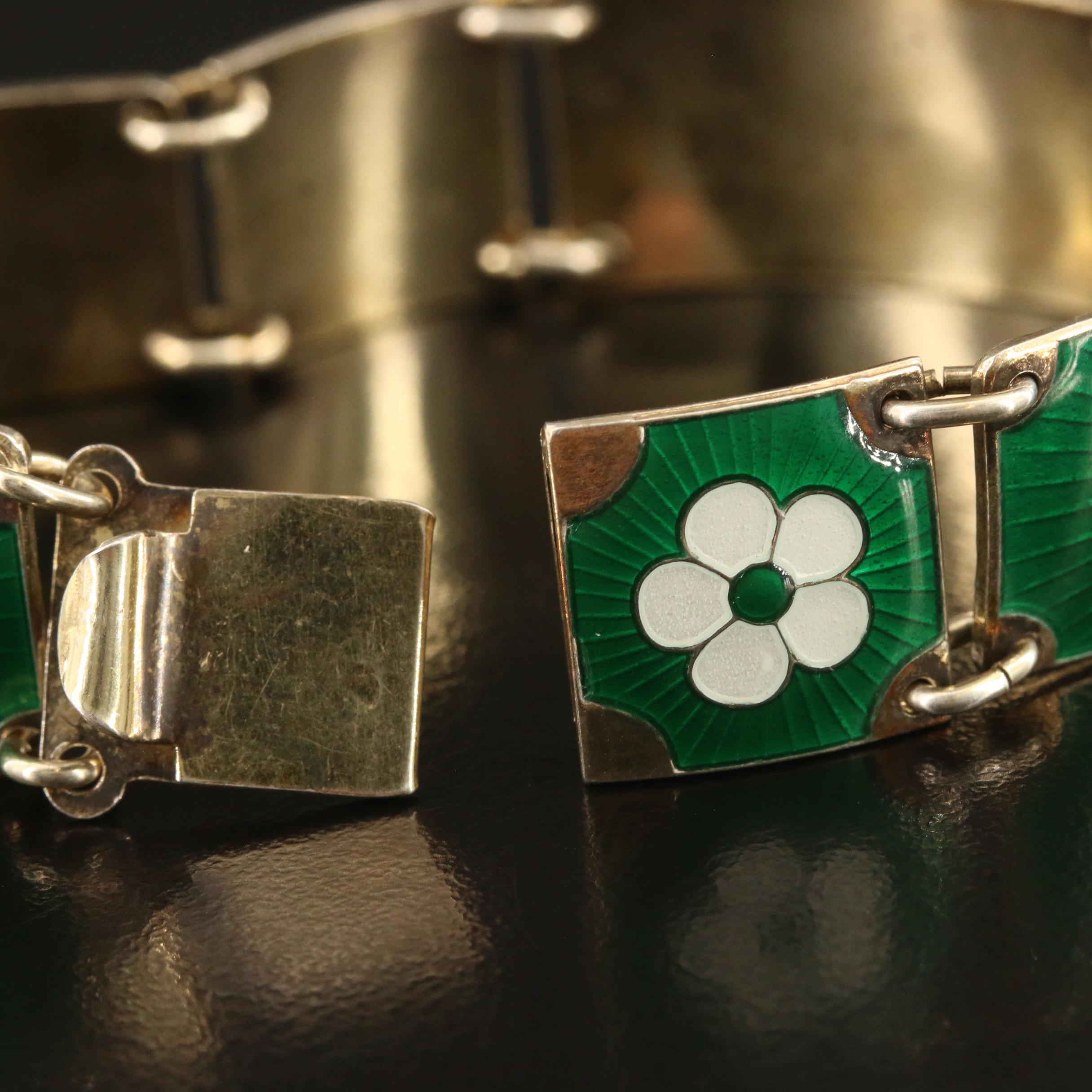 Vintage Norwegian Finn Jensen Sterling Silver Enamel Floral Panel Bracelet