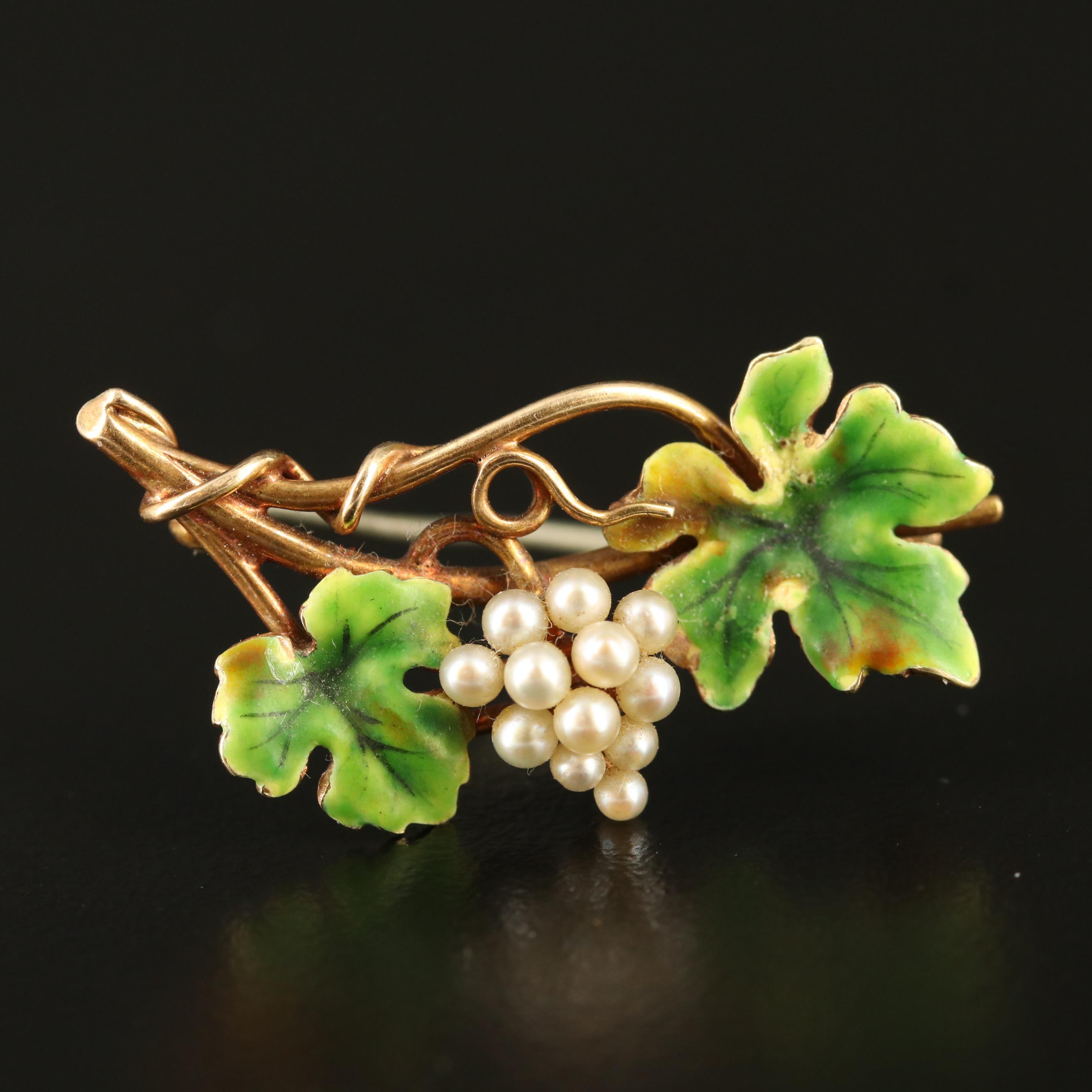 Art Nouveau Heintz Brothers 14K Pearl and Enamel Grapevine Brooch