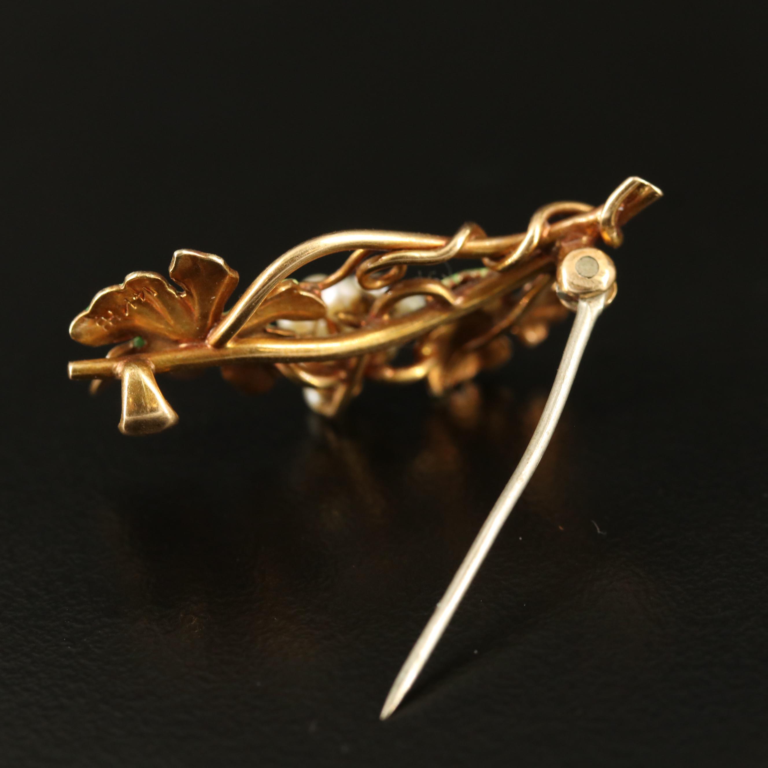 Art Nouveau Heintz Brothers 14K Pearl and Enamel Grapevine Brooch